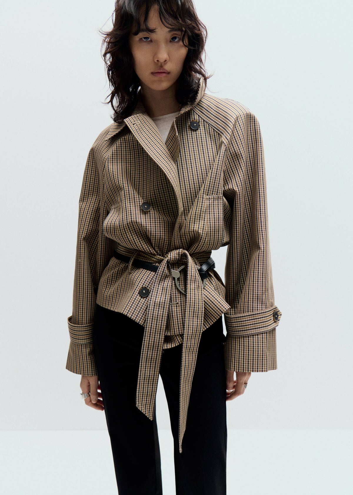 Trench Corto a Quadri con Cintura - Beige