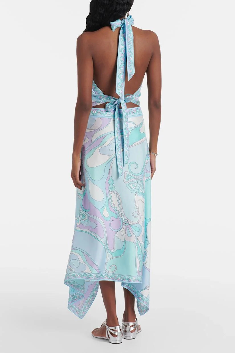 Conjunto de falda midi de cintura media con estampado de bufanda y mini top con cuello halter de satén