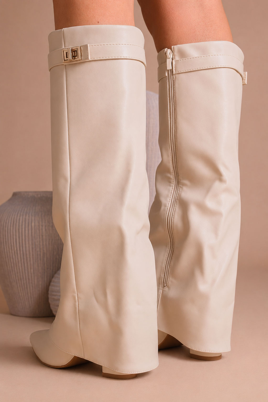 Fold Over Shark Boot Pelle - Beige
