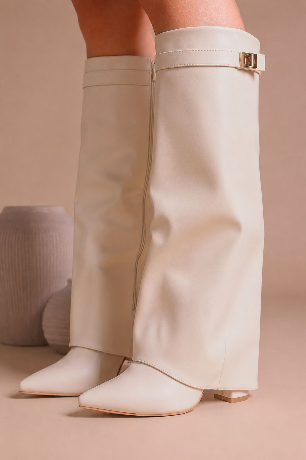 Fold Over Shark Boot Pelle - Beige