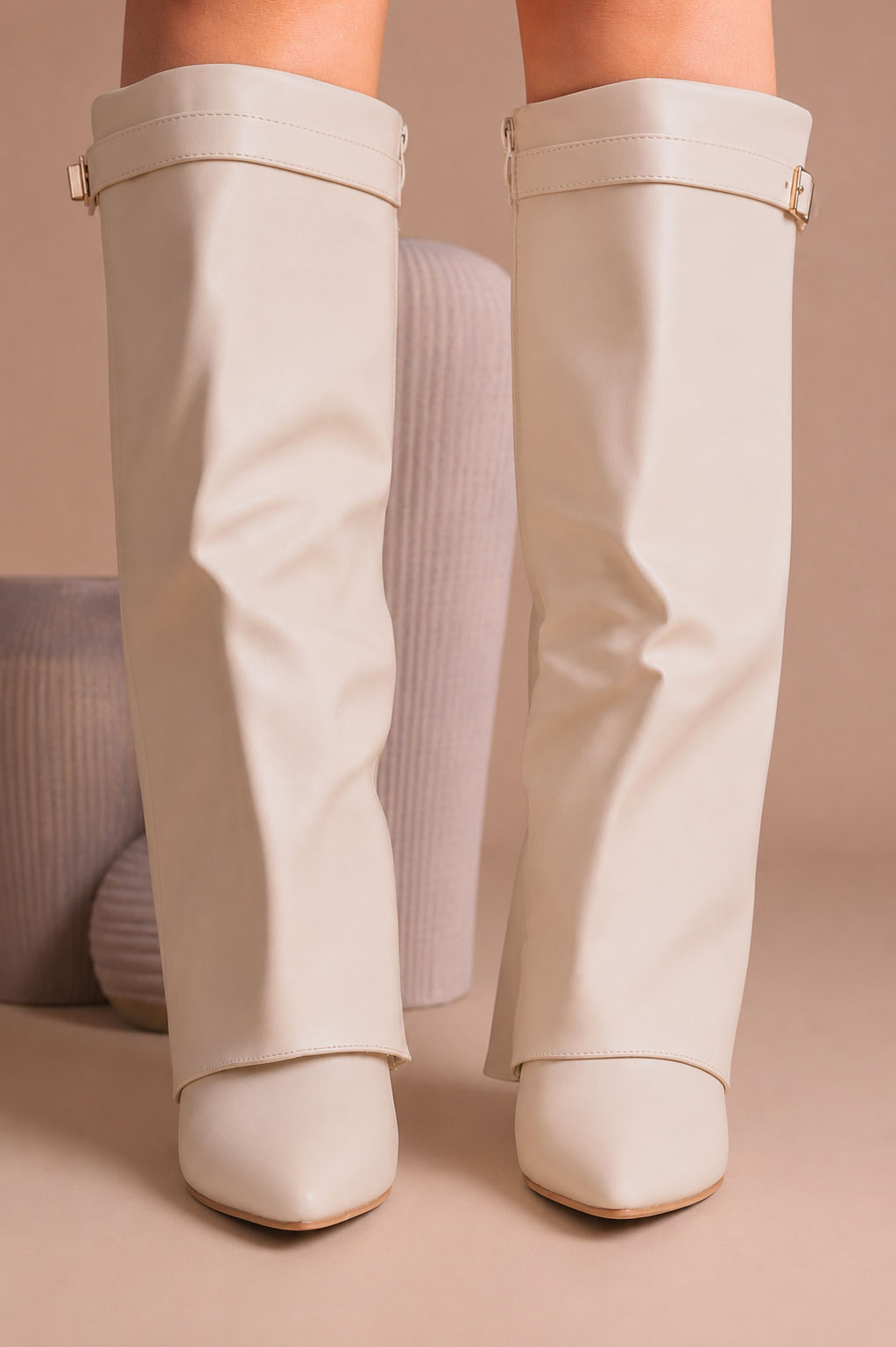 Fold Over Shark Boot Pelle - Beige