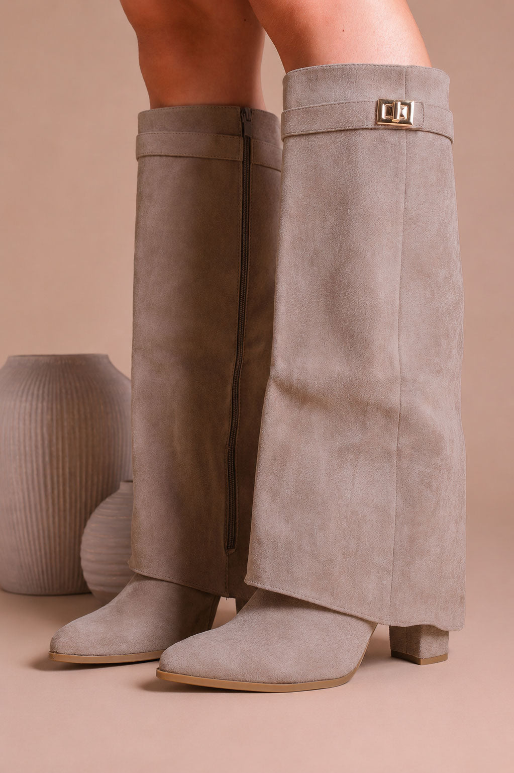 Fold Over Shark Boot - Taupe