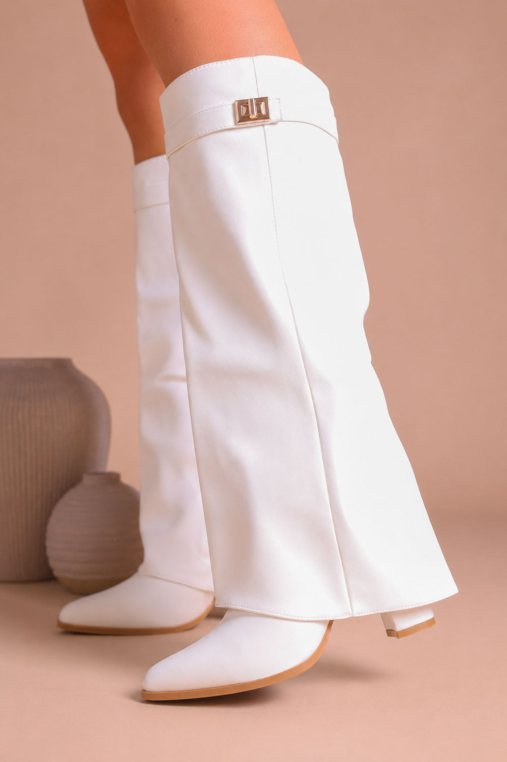 Fold Over Shark Boot Pelle - Bianco