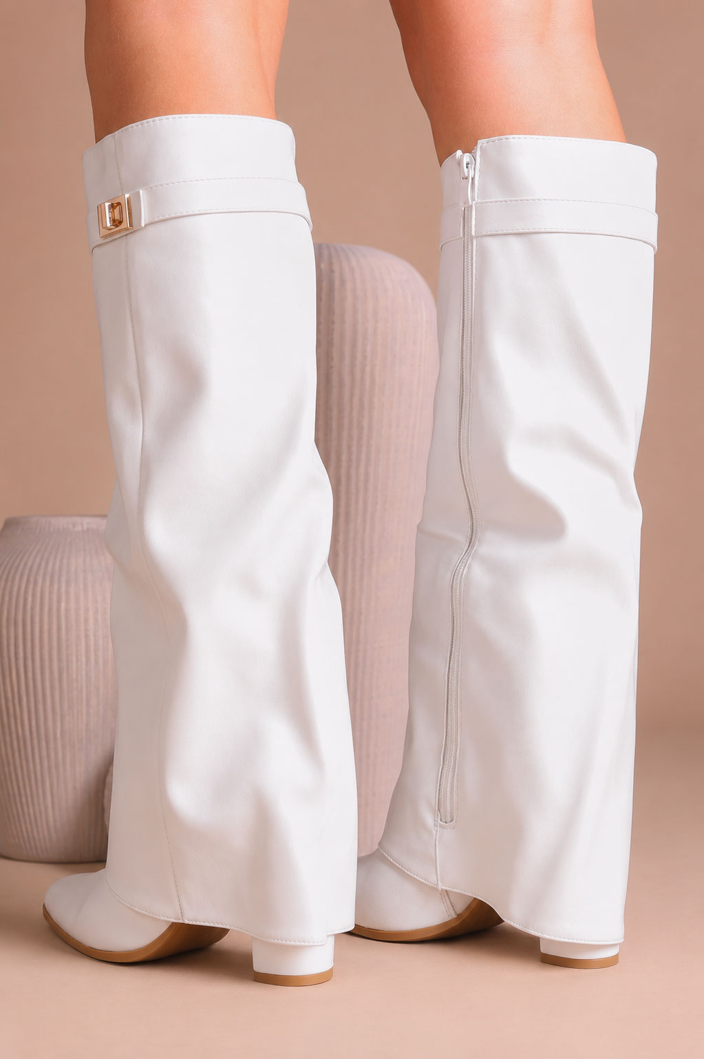 Fold Over Shark Boot Pelle - Bianco