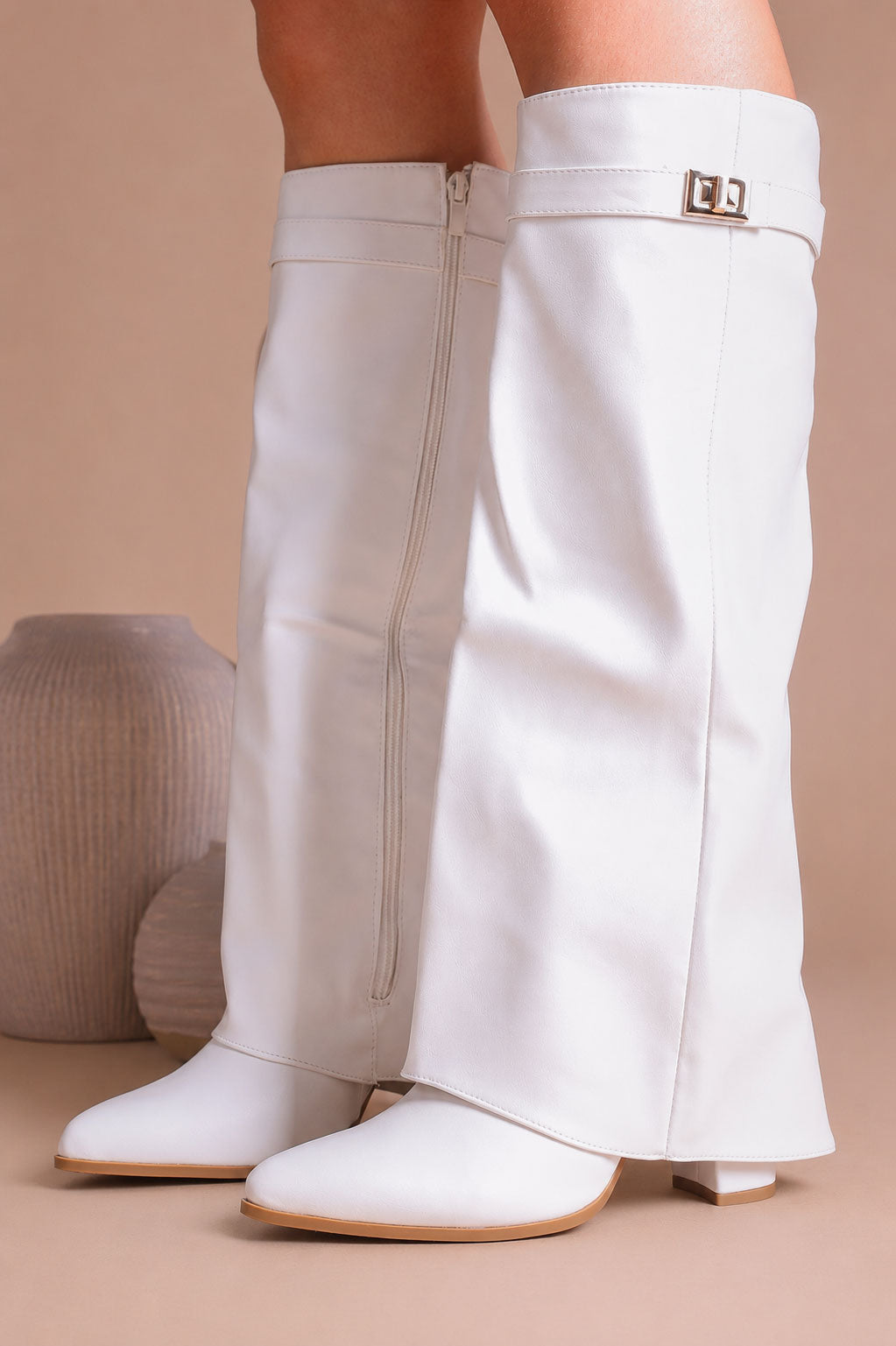 Fold Over Shark Boot Pelle - Bianco