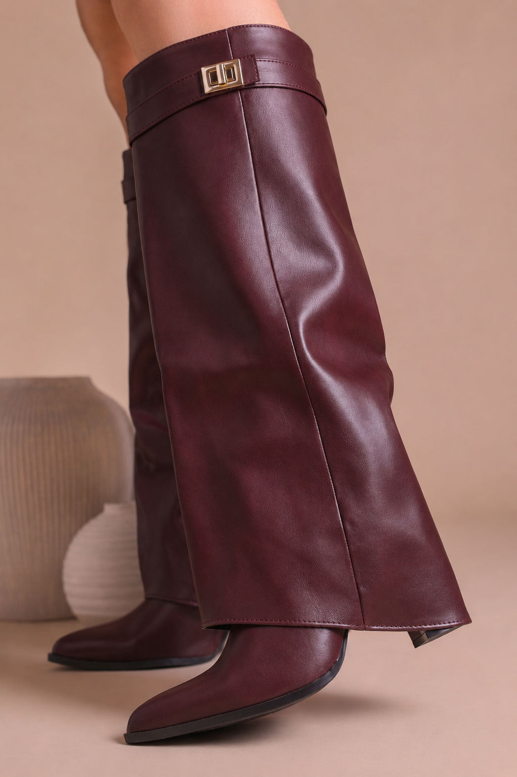 Fold Over Shark Boot Pelle - Bordeaux