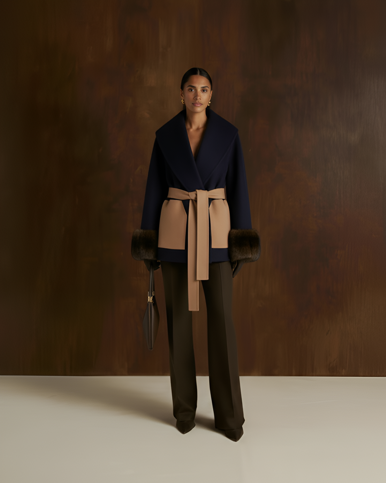 Belted Fur Cuff Coat - Blu Navy/Cammello