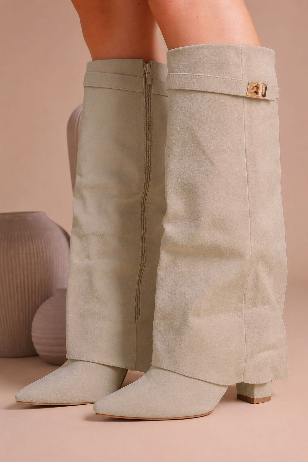 Fold Over Shark Boot - Beige