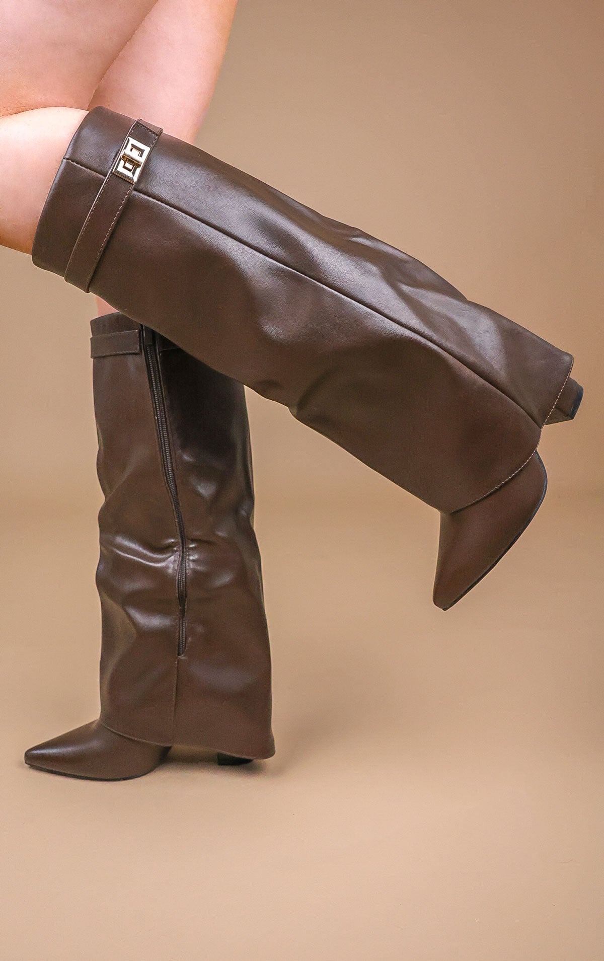 Fold Over Shark Boot Pelle - Marrone Cioccolato