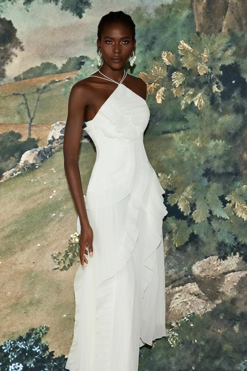 Pleated Frill Halter Neck Midi Dress