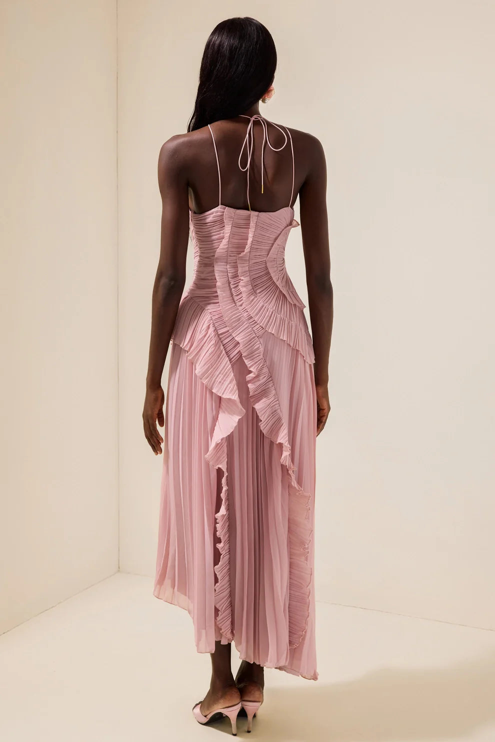Pleated Frill Halter Neck Midi Dress