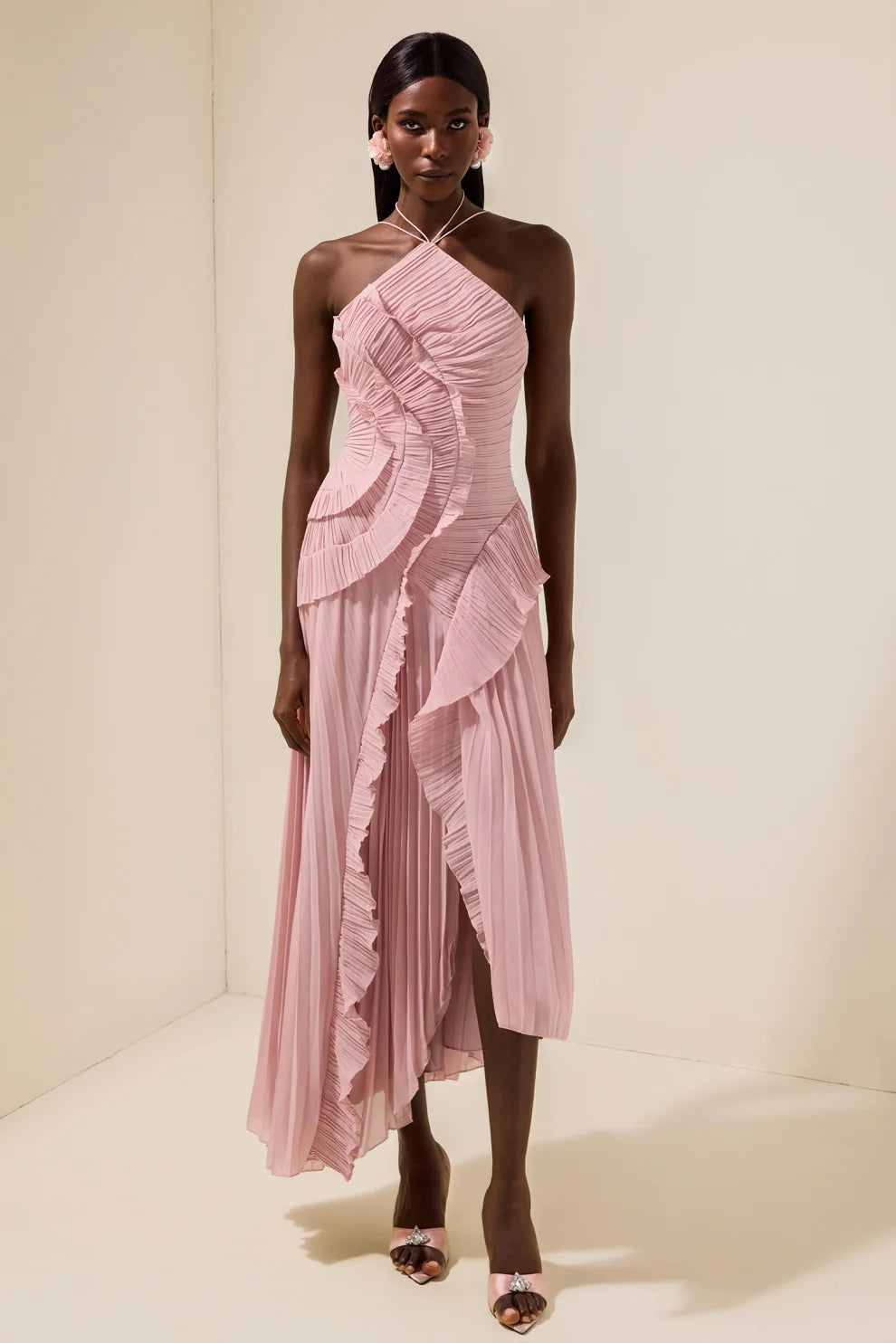 Pleated Frill Halter Neck Midi Dress