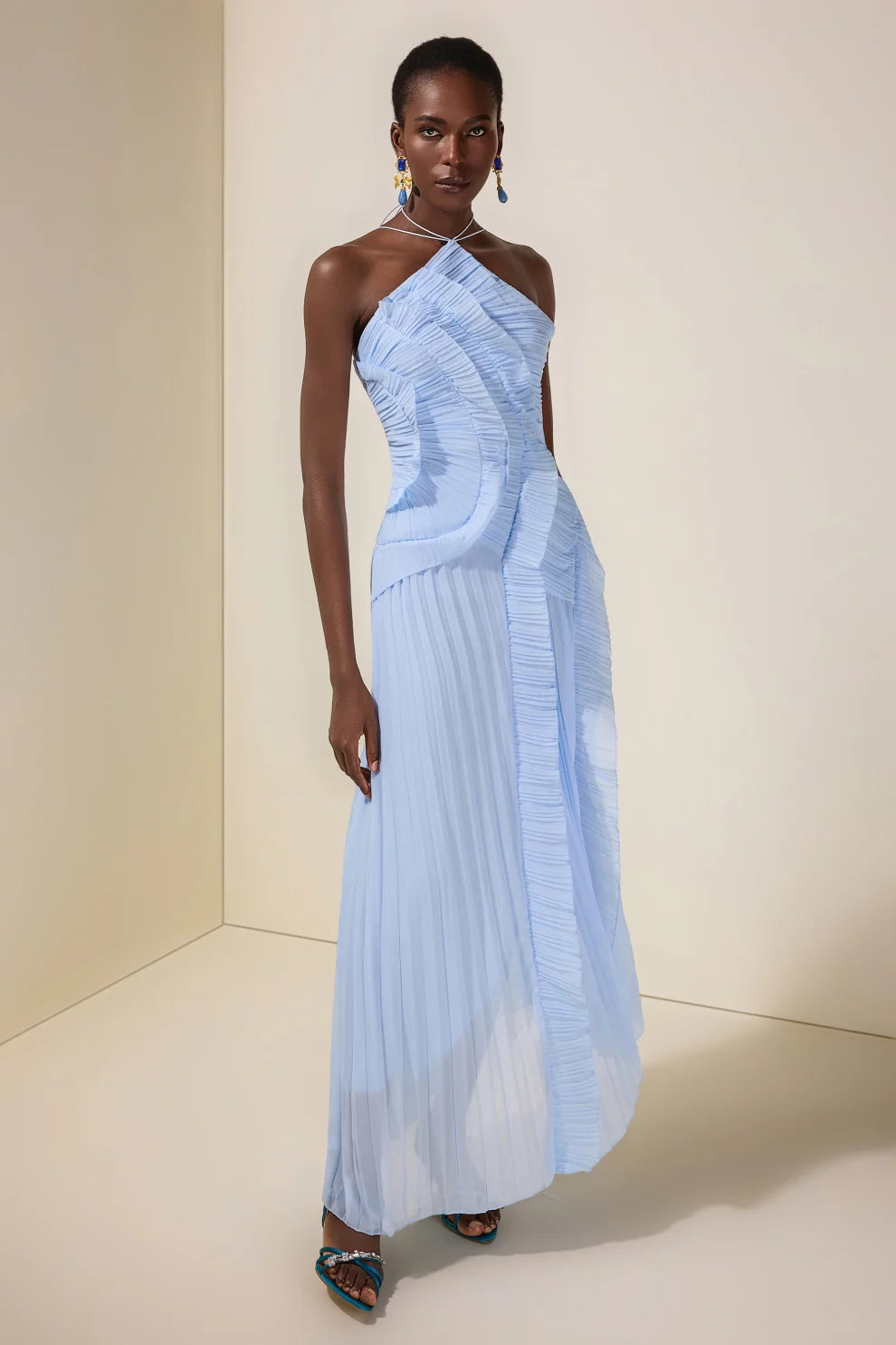 Pleated Frill Halter Neck Midi Dress