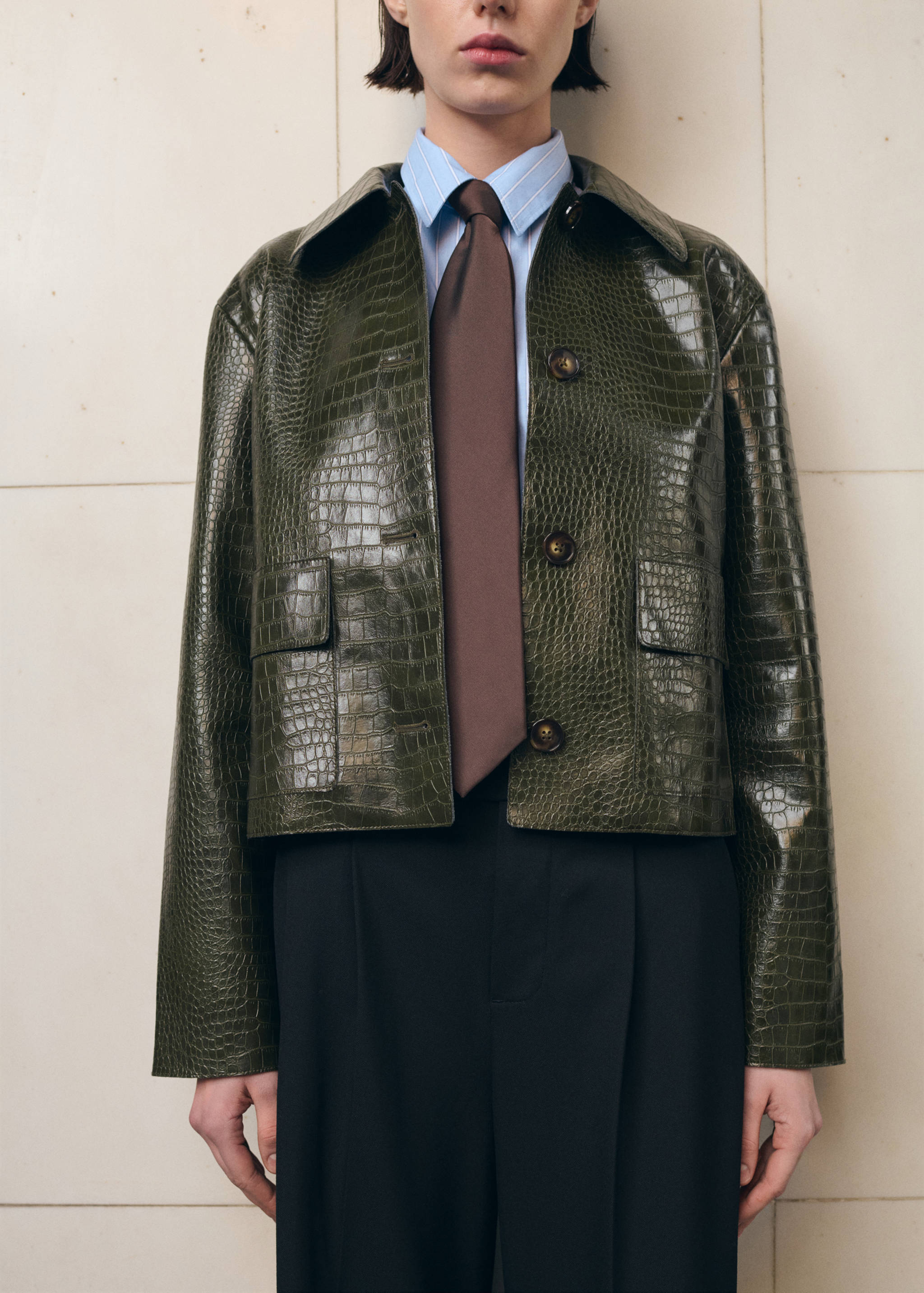 Croc-Effect Faux Leather Jacket - Khaki