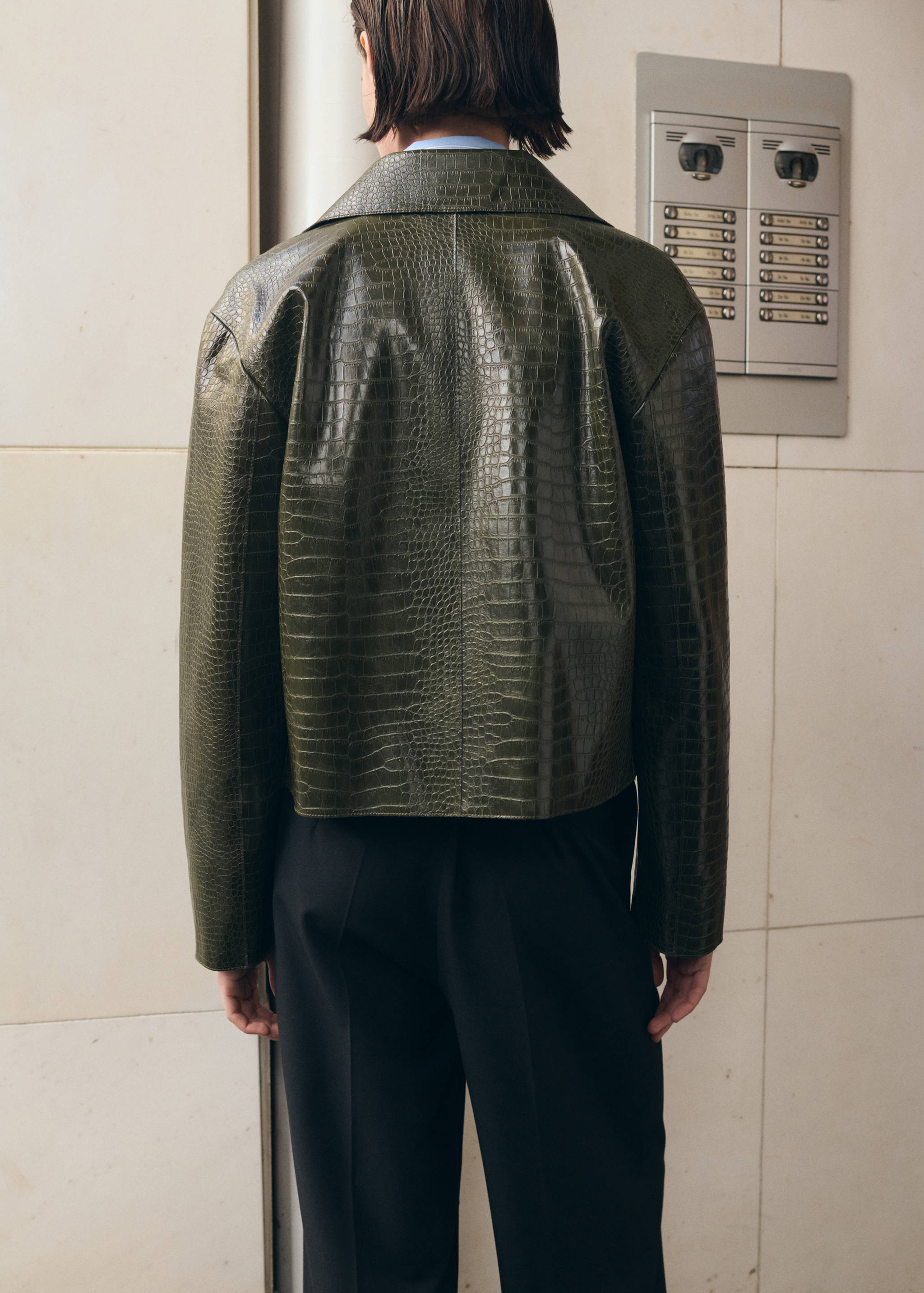 Croc-Effect Faux Leather Jacket - Khaki