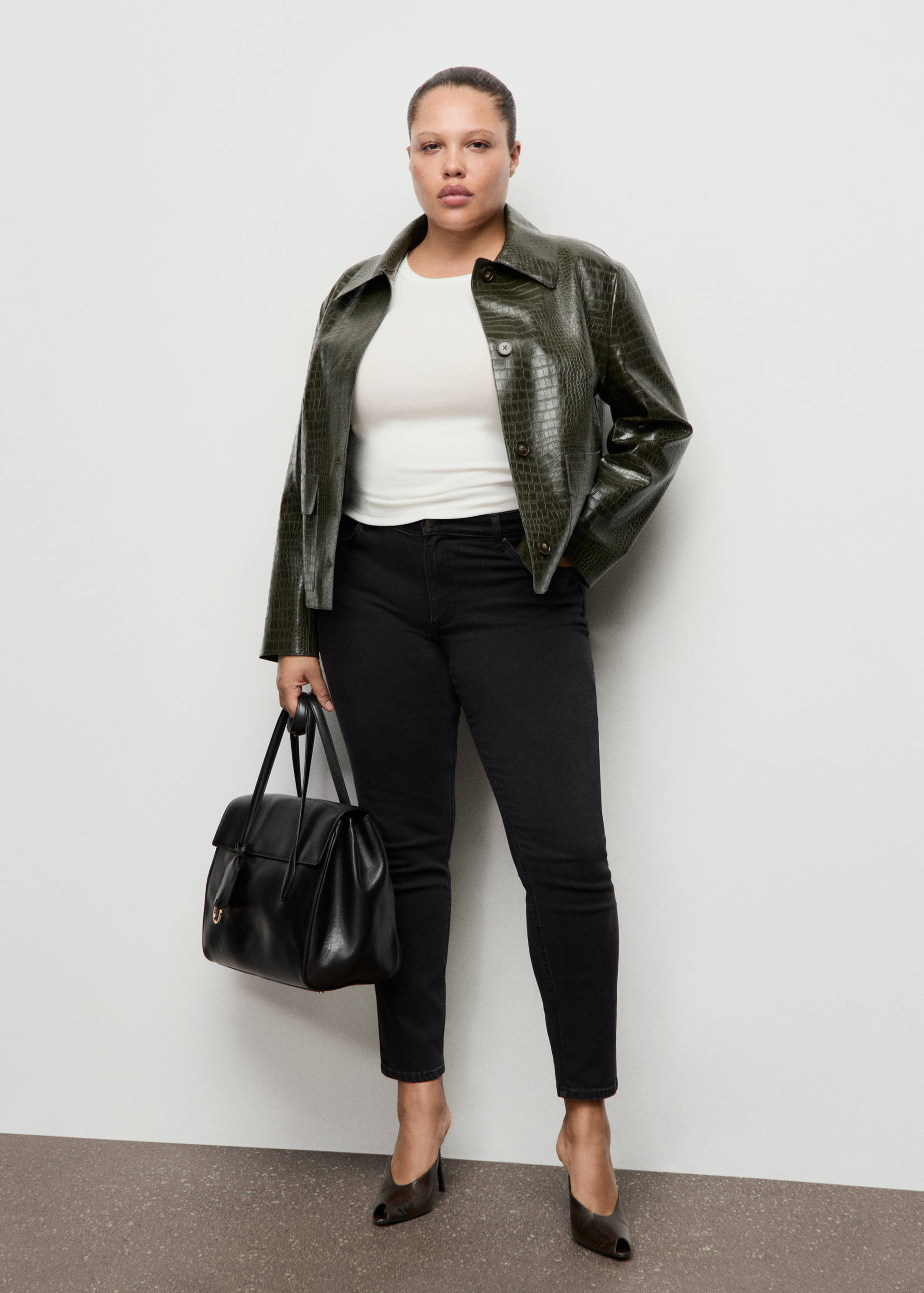 Croc-Effect Faux Leather Jacket - Khaki