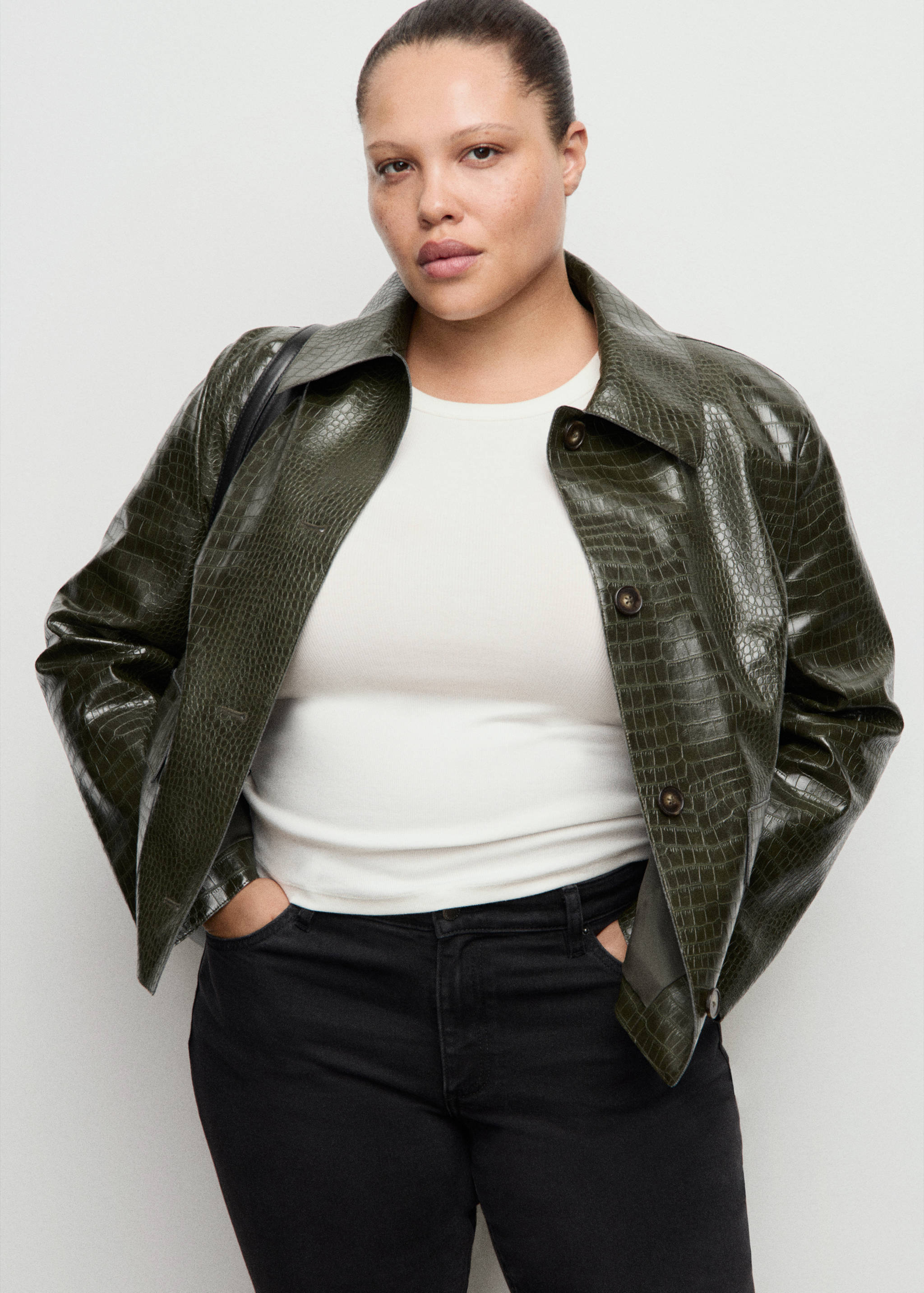 Croc-Effect Faux Leather Jacket - Khaki