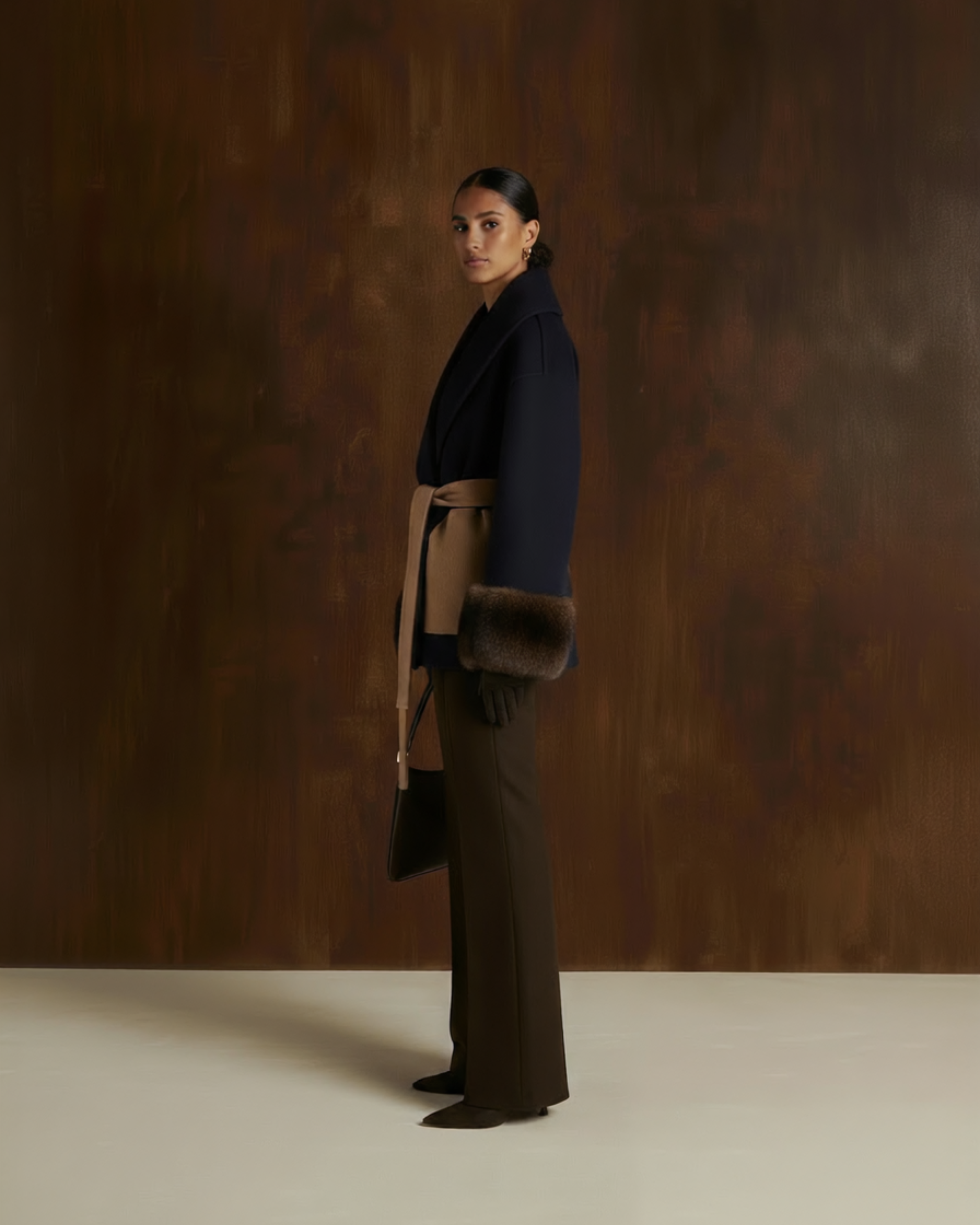 Belted Fur Cuff Coat - Blu Navy/Cammello
