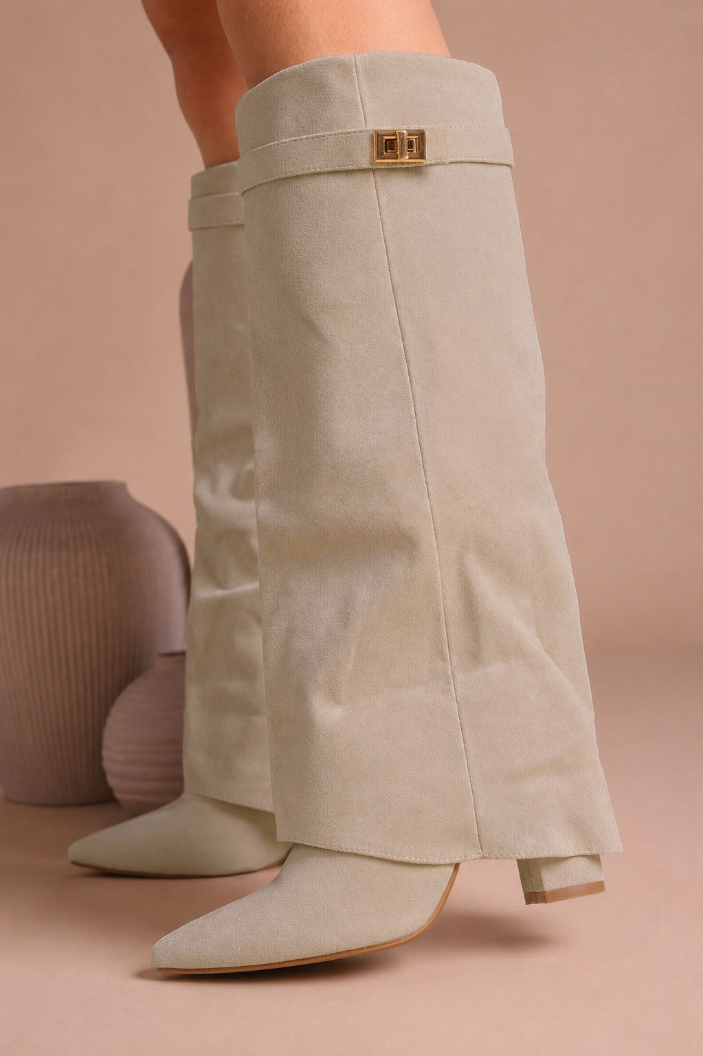 Fold Over Shark Boot - Beige