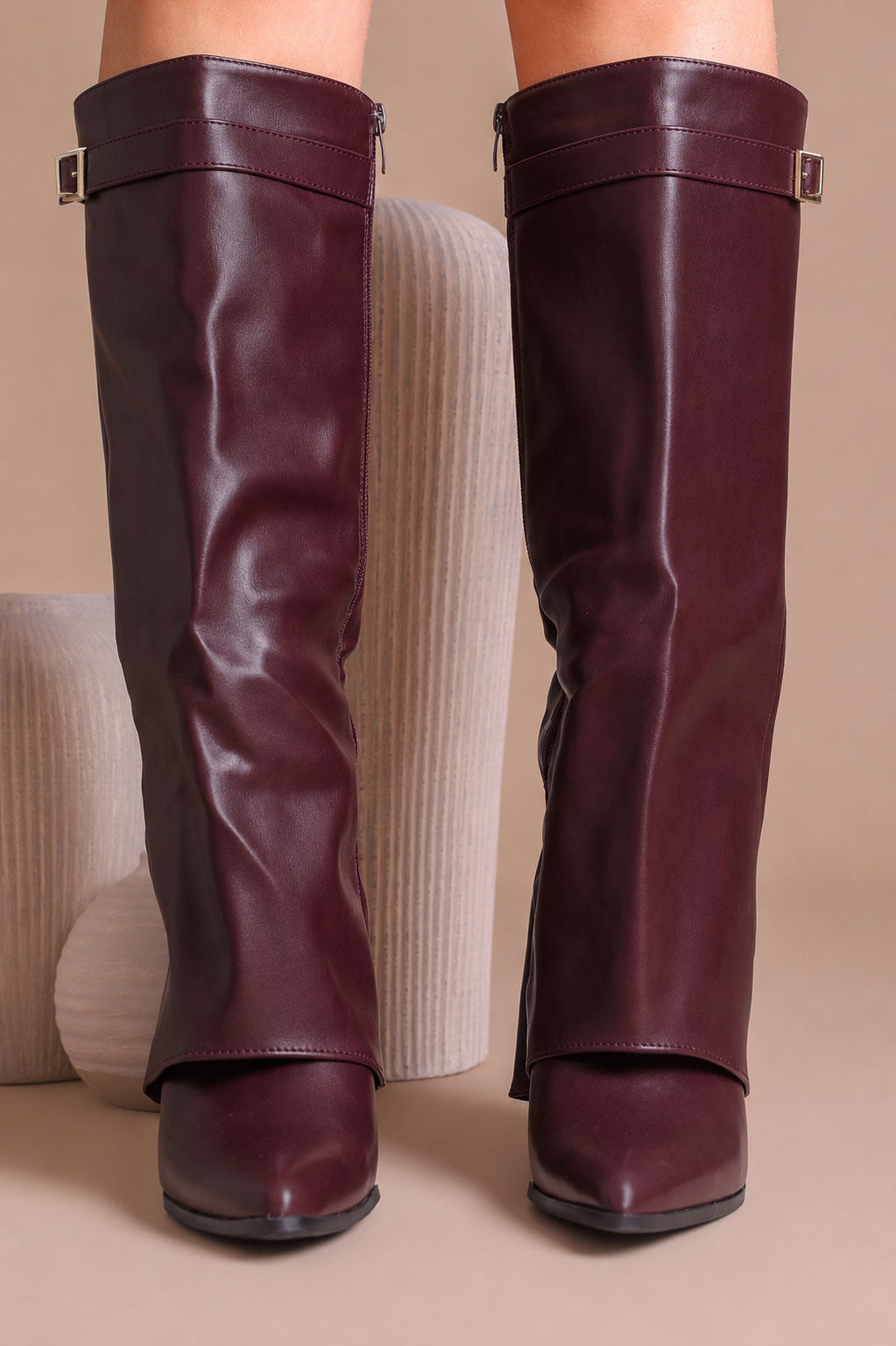 Fold Over Shark Boot Pelle - Bordeaux