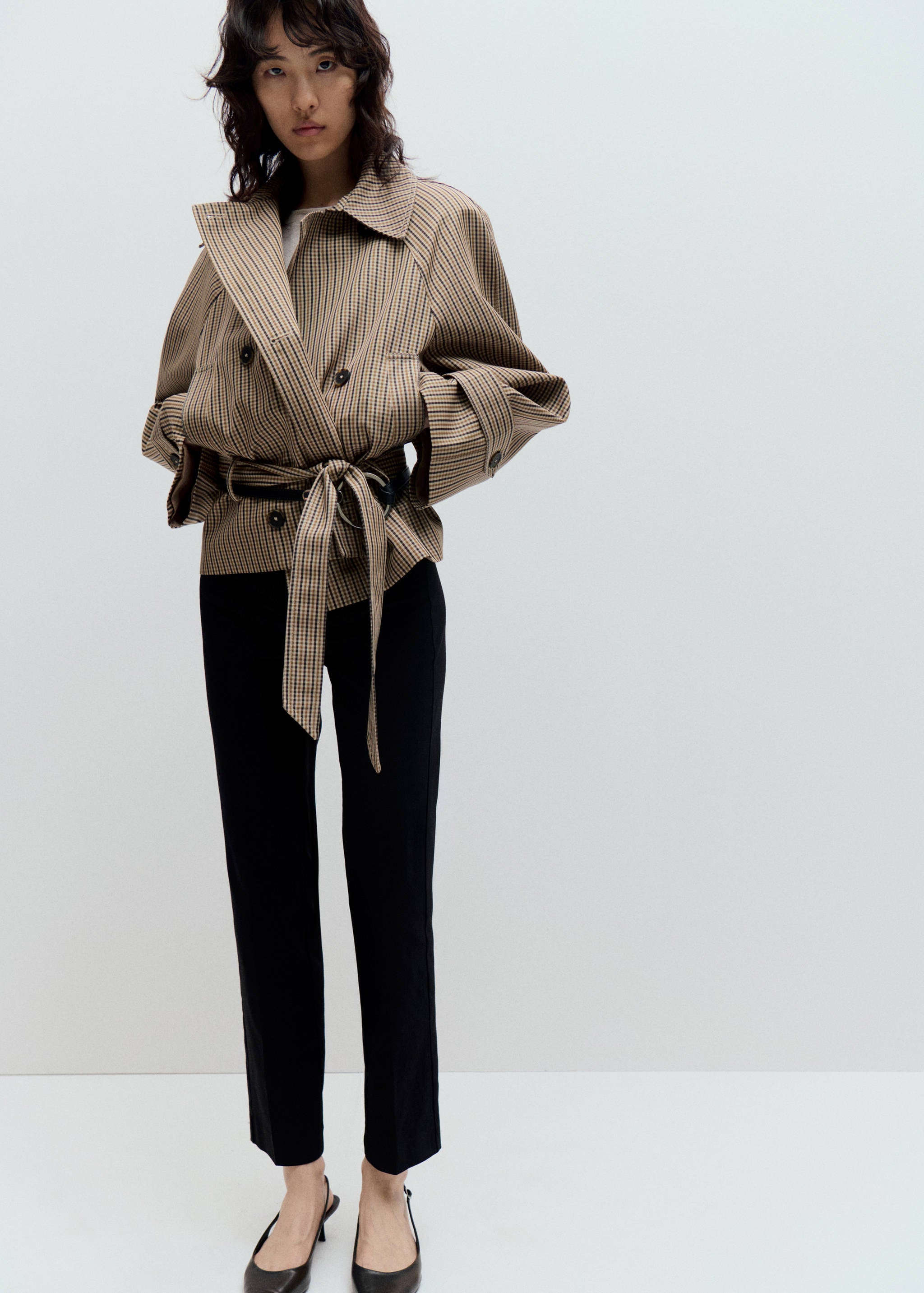 Trench Corto a Quadri con Cintura - Beige