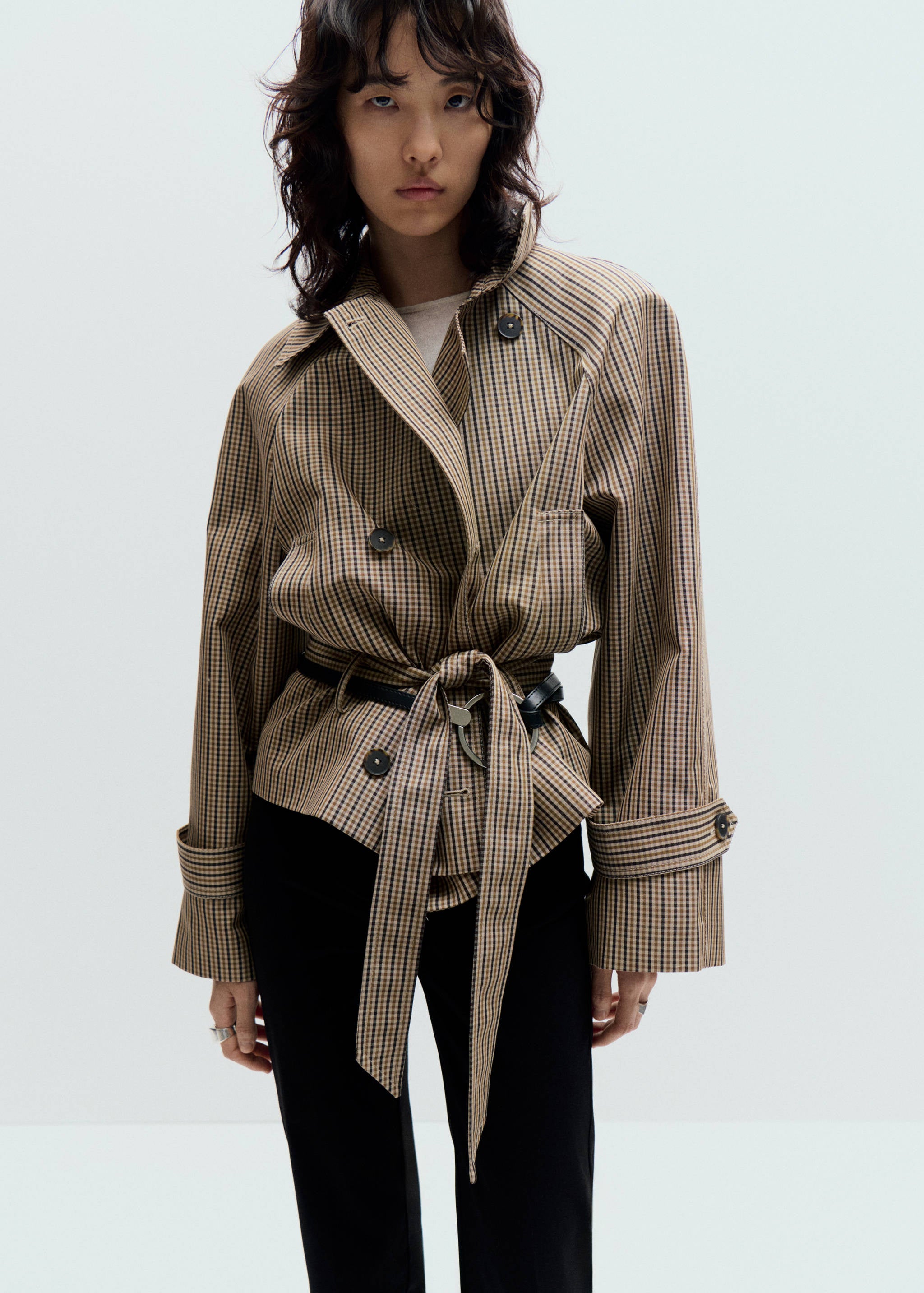 Trench Corto a Quadri con Cintura - Beige