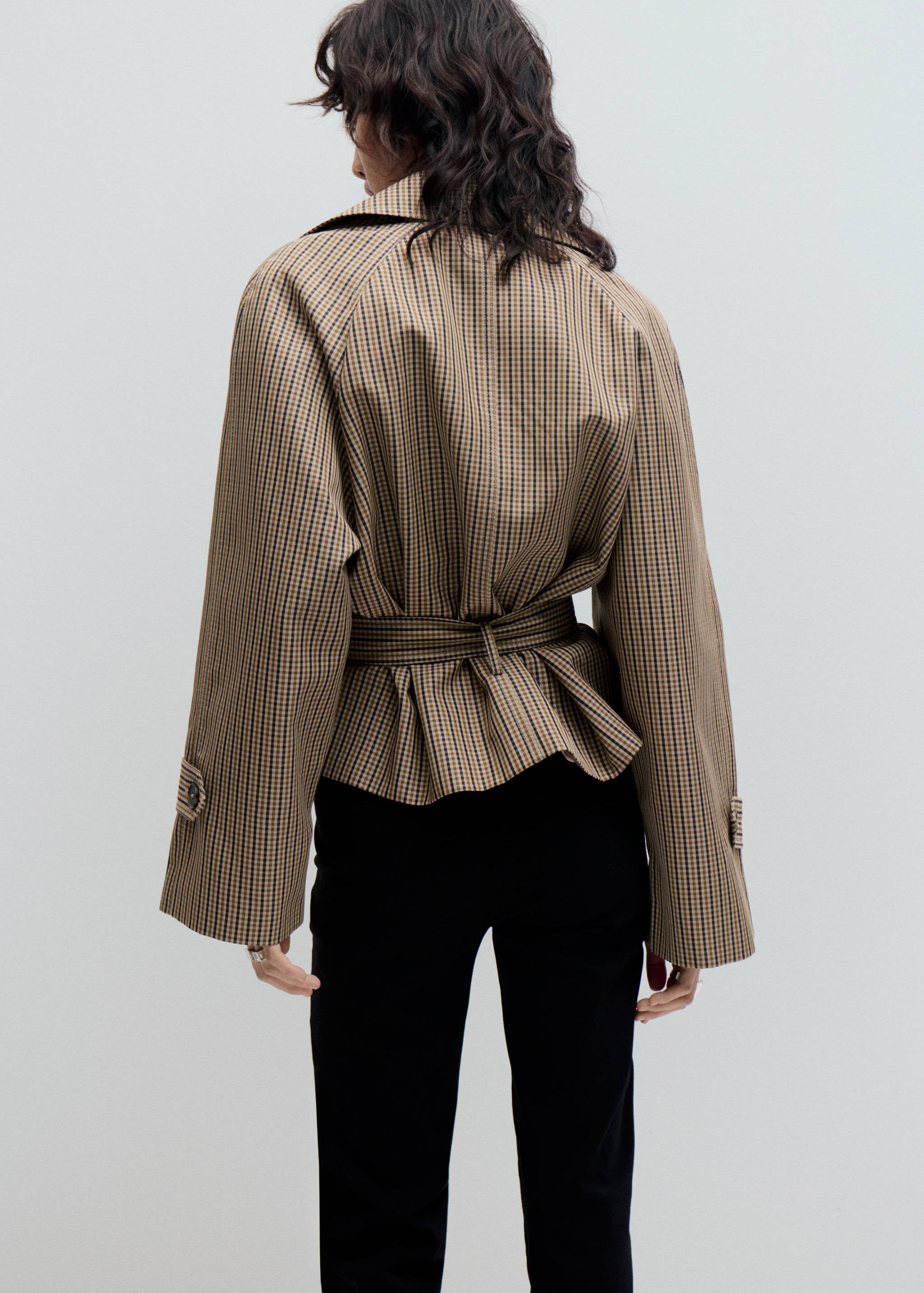 Trench Corto a Quadri con Cintura - Beige