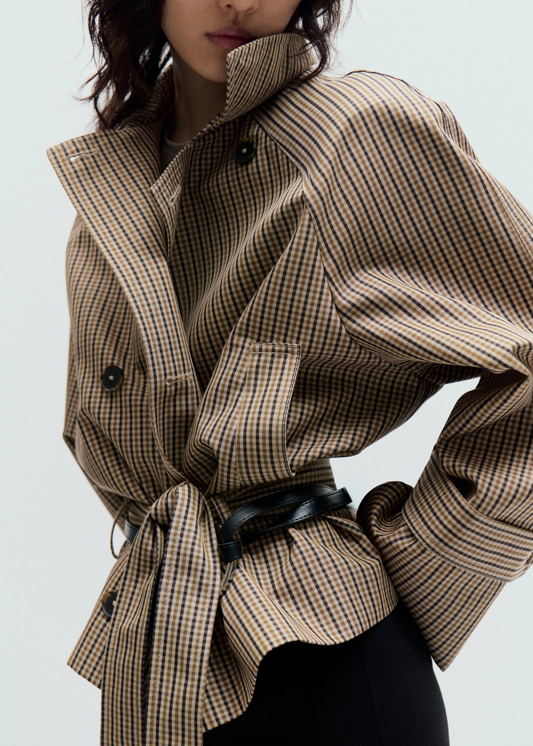 Trench Corto a Quadri con Cintura - Beige