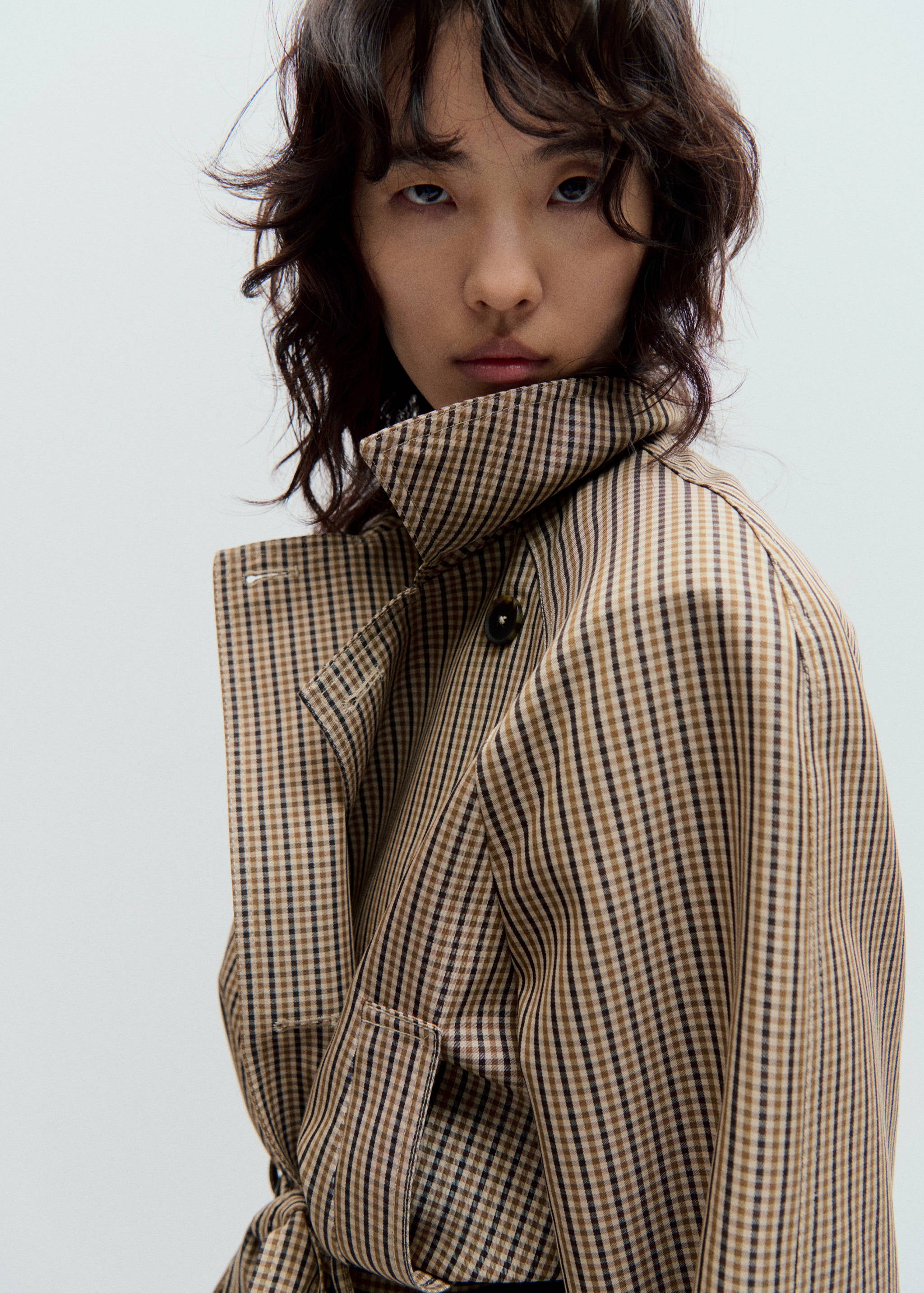 Trench Corto a Quadri con Cintura - Beige