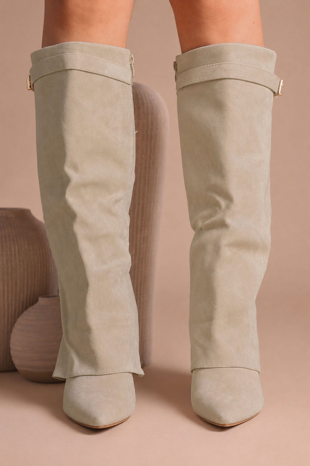Fold Over Shark Boot - Beige