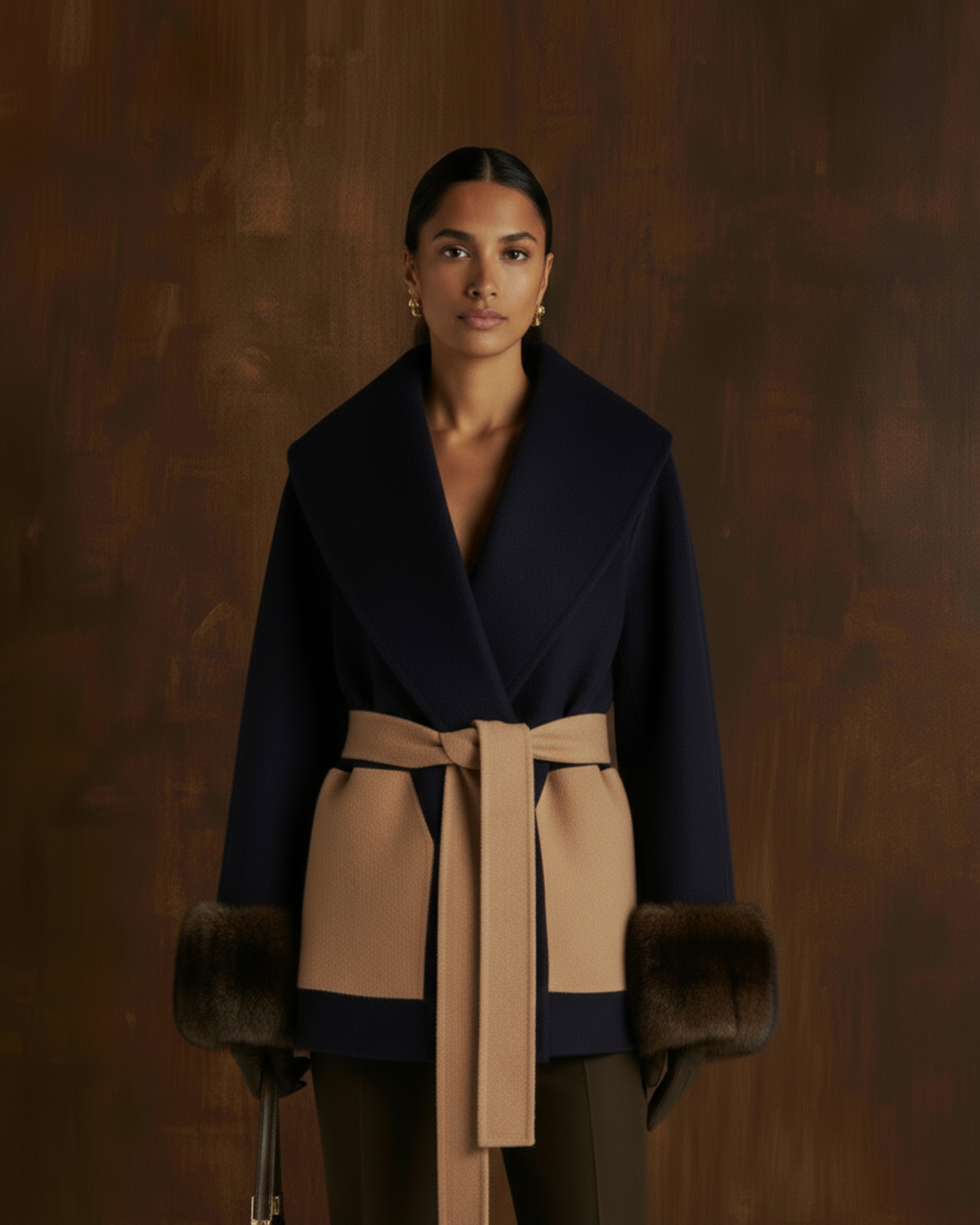 Belted Fur Cuff Coat - Blu Navy/Cammello