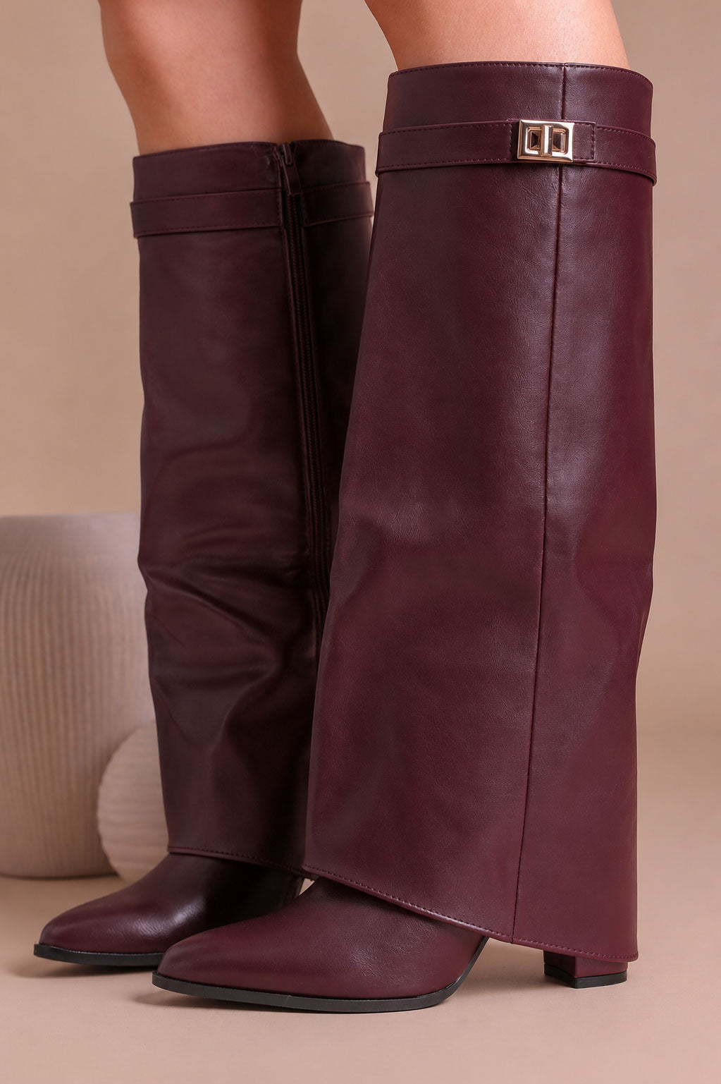 Fold Over Shark Boot Pelle - Bordeaux