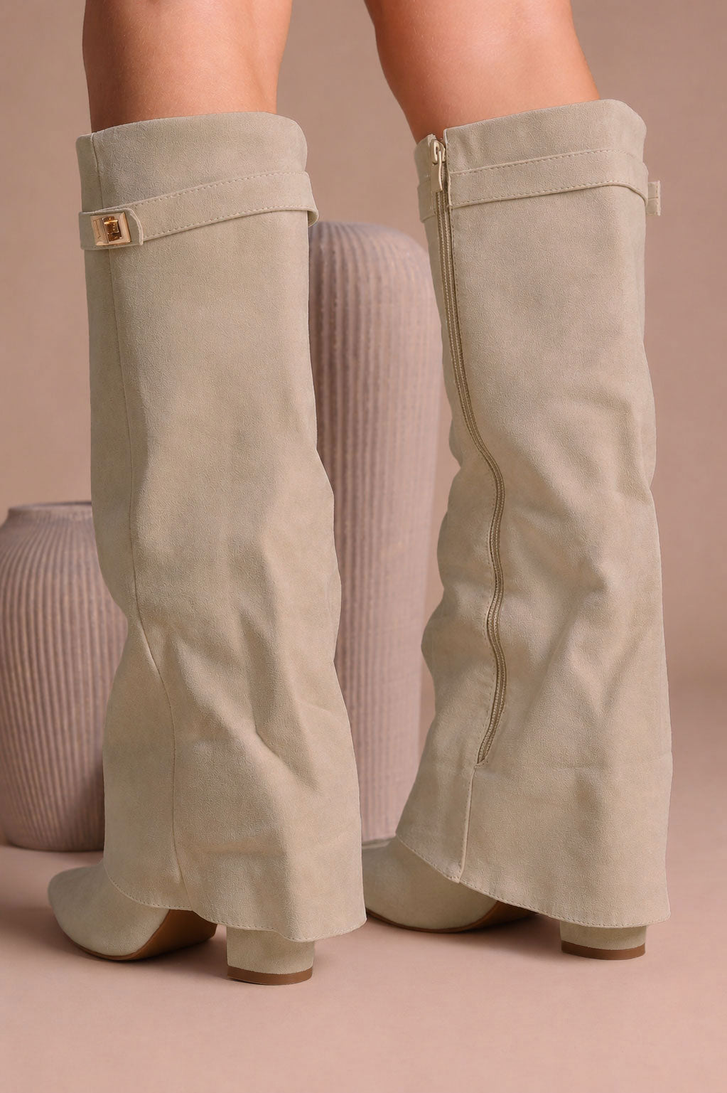 Fold Over Shark Boot - Beige