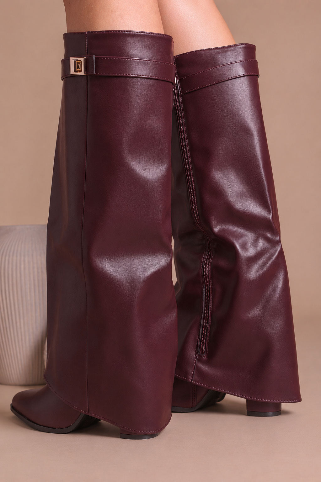 Fold Over Shark Boot Pelle - Bordeaux