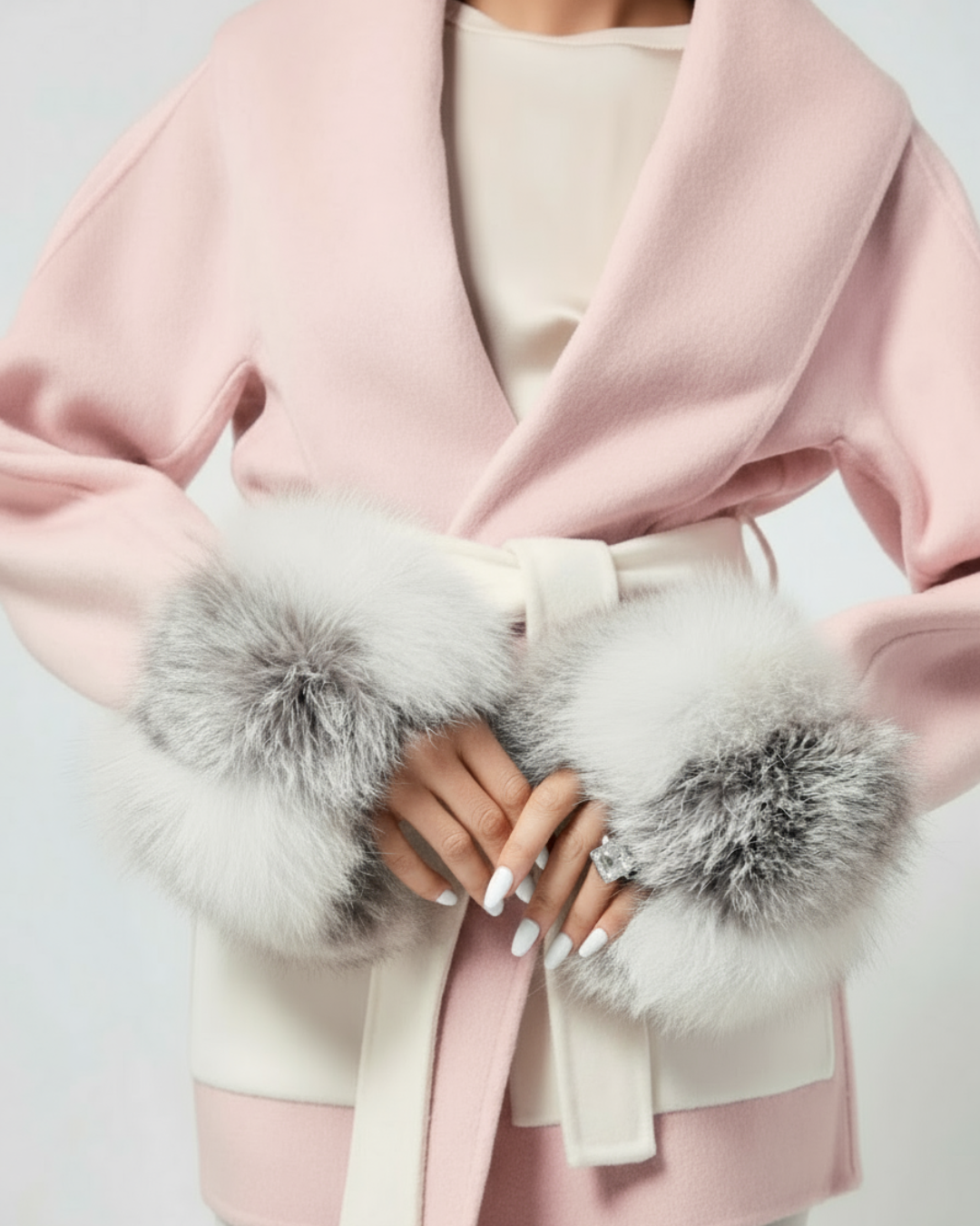 Belted Fur Cuff Coat - Rosa Cipria