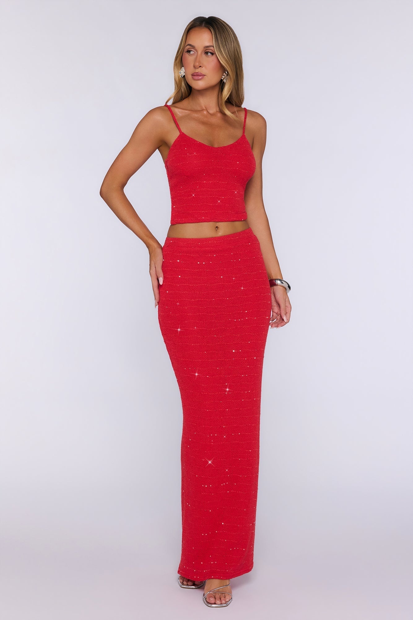 Raised Glasses Sequin Knit Maxi Skirt - Rosso