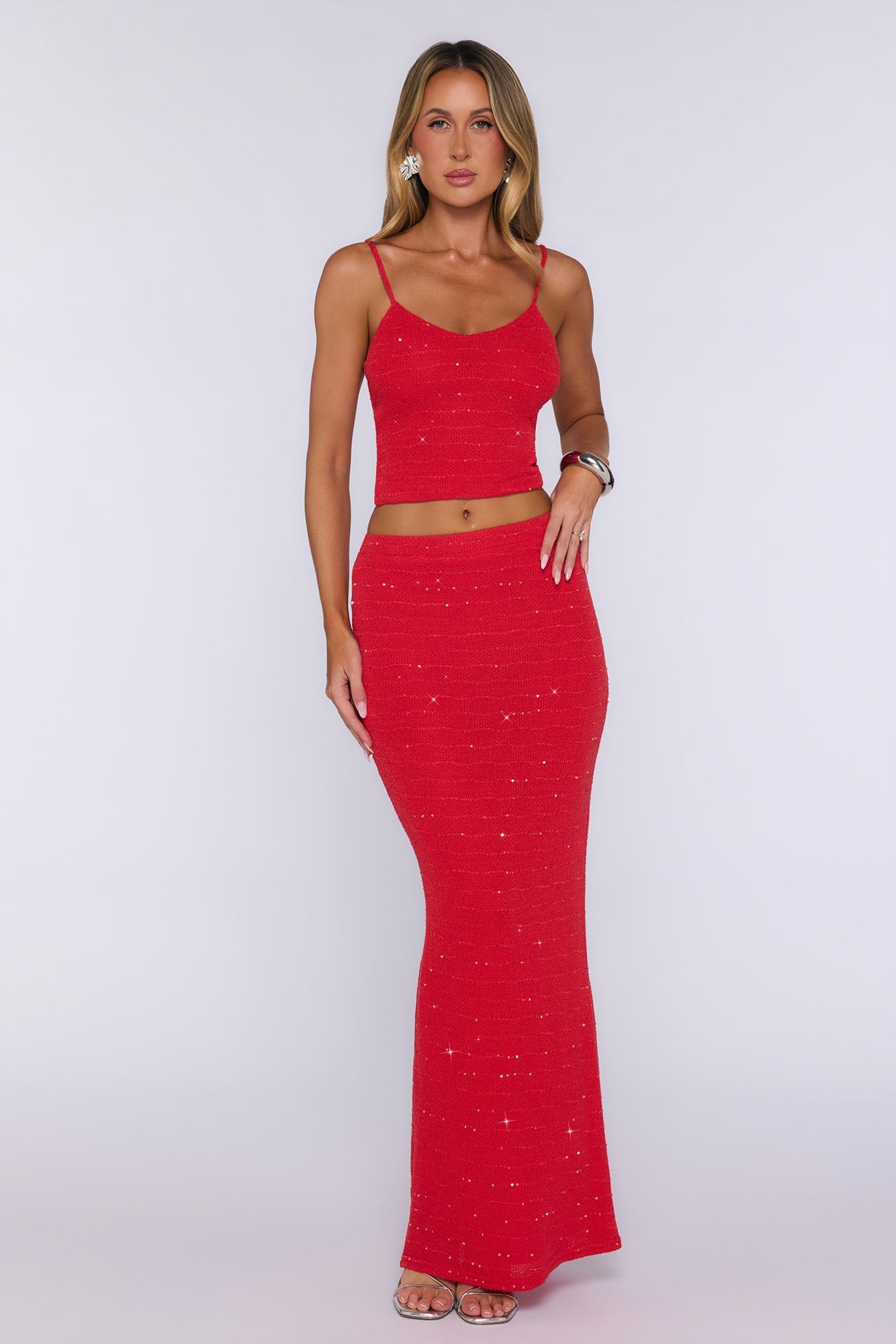 Raised Glasses Sequin Knit Crop Top - Rosso