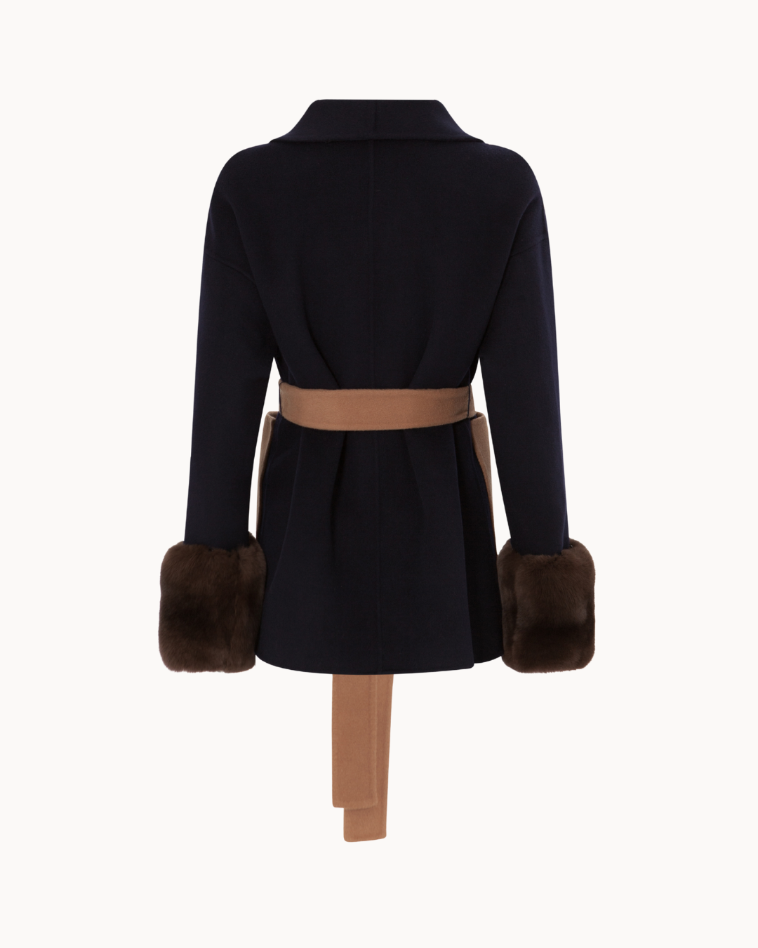 Belted Fur Cuff Coat - Blu Navy/Cammello