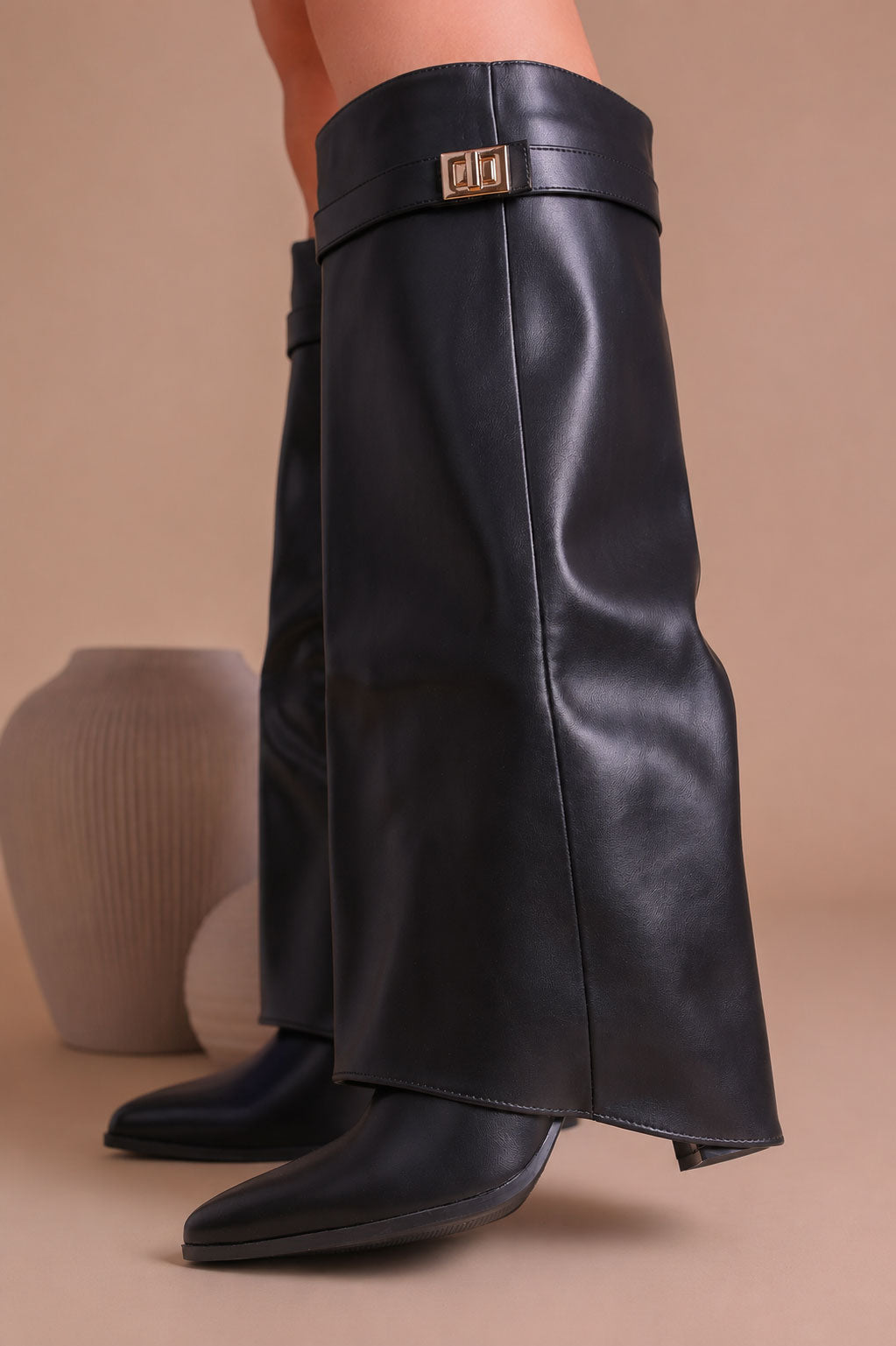 Fold Over Shark Boot Pelle - Nero