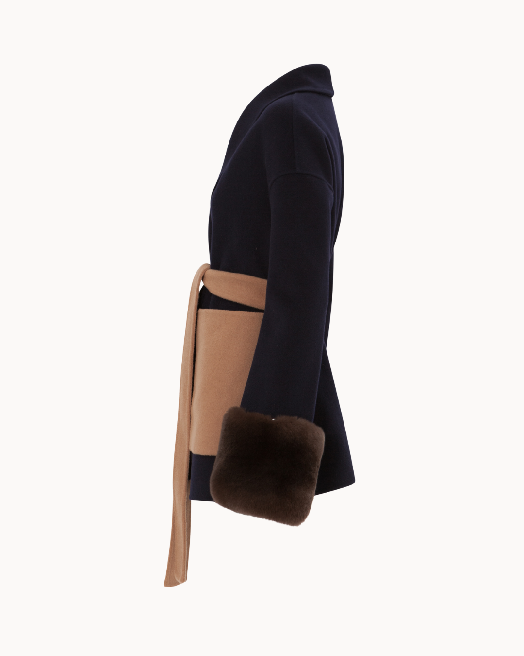 Belted Fur Cuff Coat - Blu Navy/Cammello
