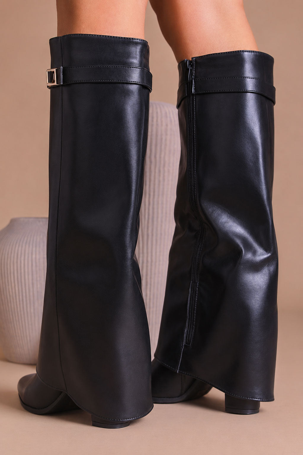 Fold Over Shark Boot Pelle - Nero