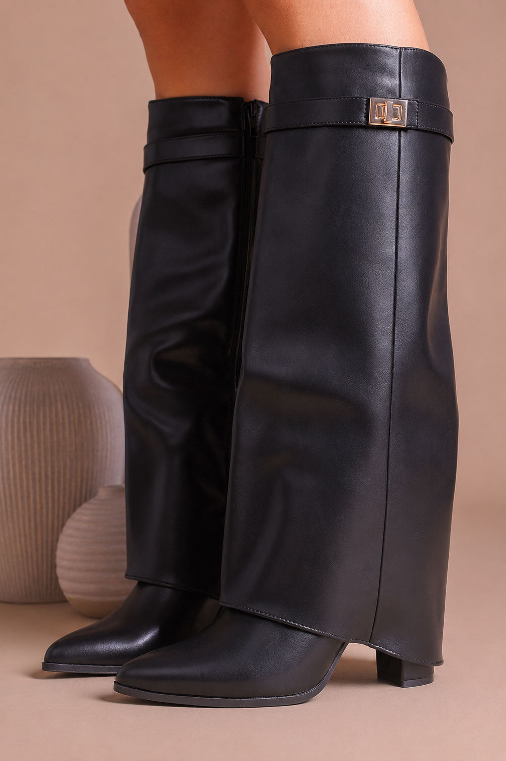 Fold Over Shark Boot Pelle - Nero