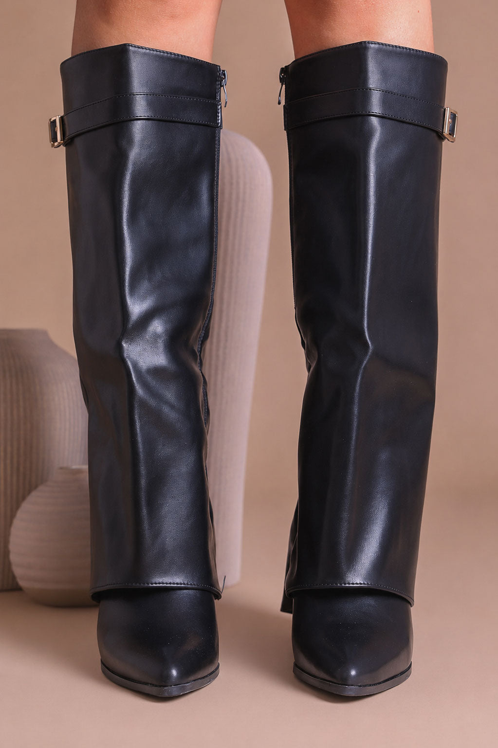Fold Over Shark Boot Pelle - Nero