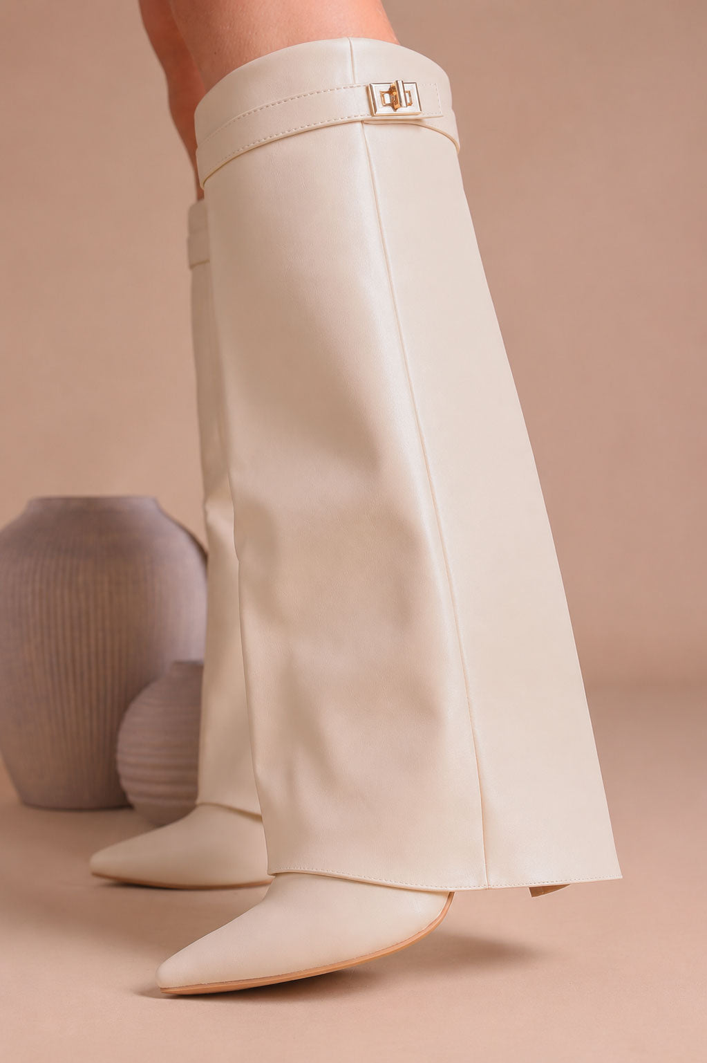 Fold Over Shark Boot Pelle - Beige