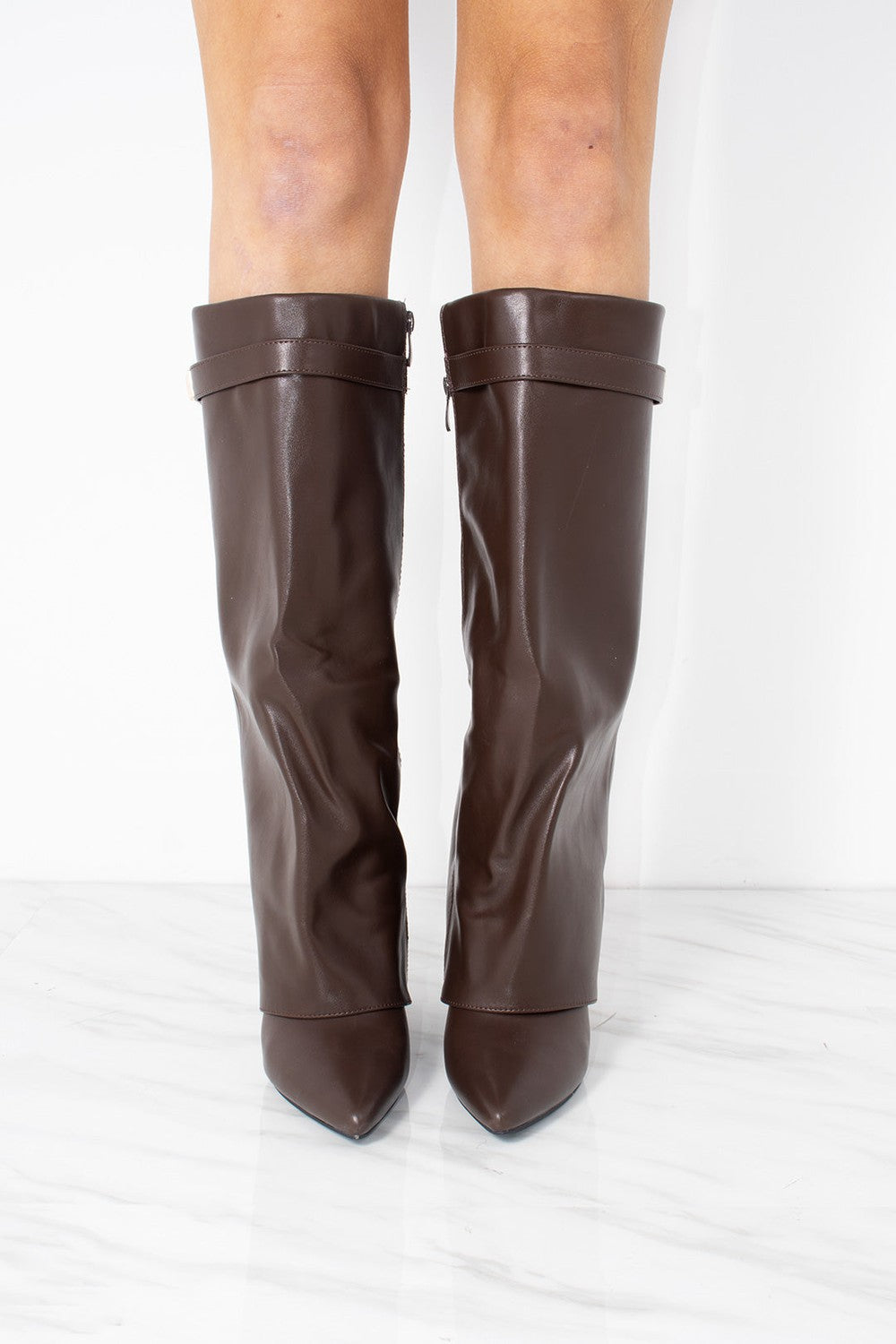 Fold Over Shark Boot Pelle - Marrone Cioccolato