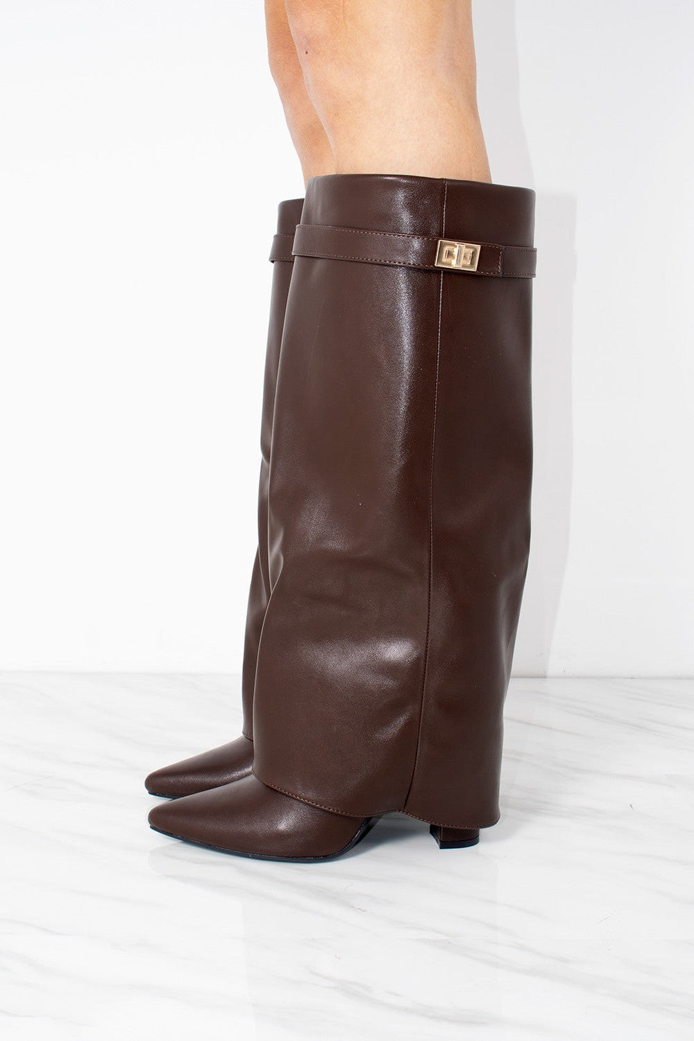 Fold Over Shark Boot Pelle - Marrone Cioccolato