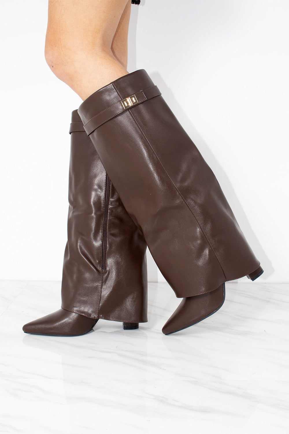 Fold Over Shark Boot Pelle - Marrone Cioccolato