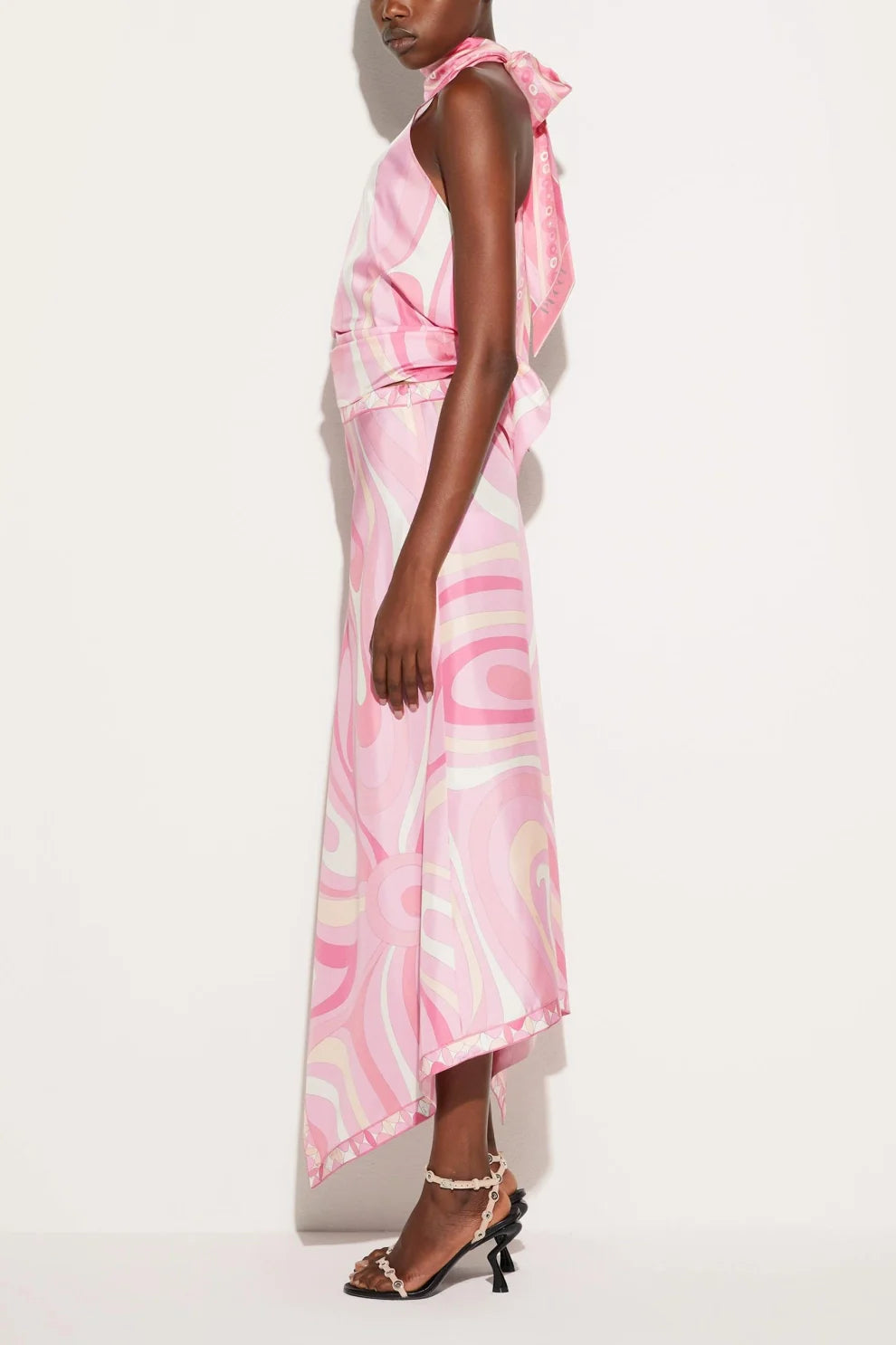Satin Halter Neck Mini Top & Scarf Print Mid Waist Midi Skirt Set