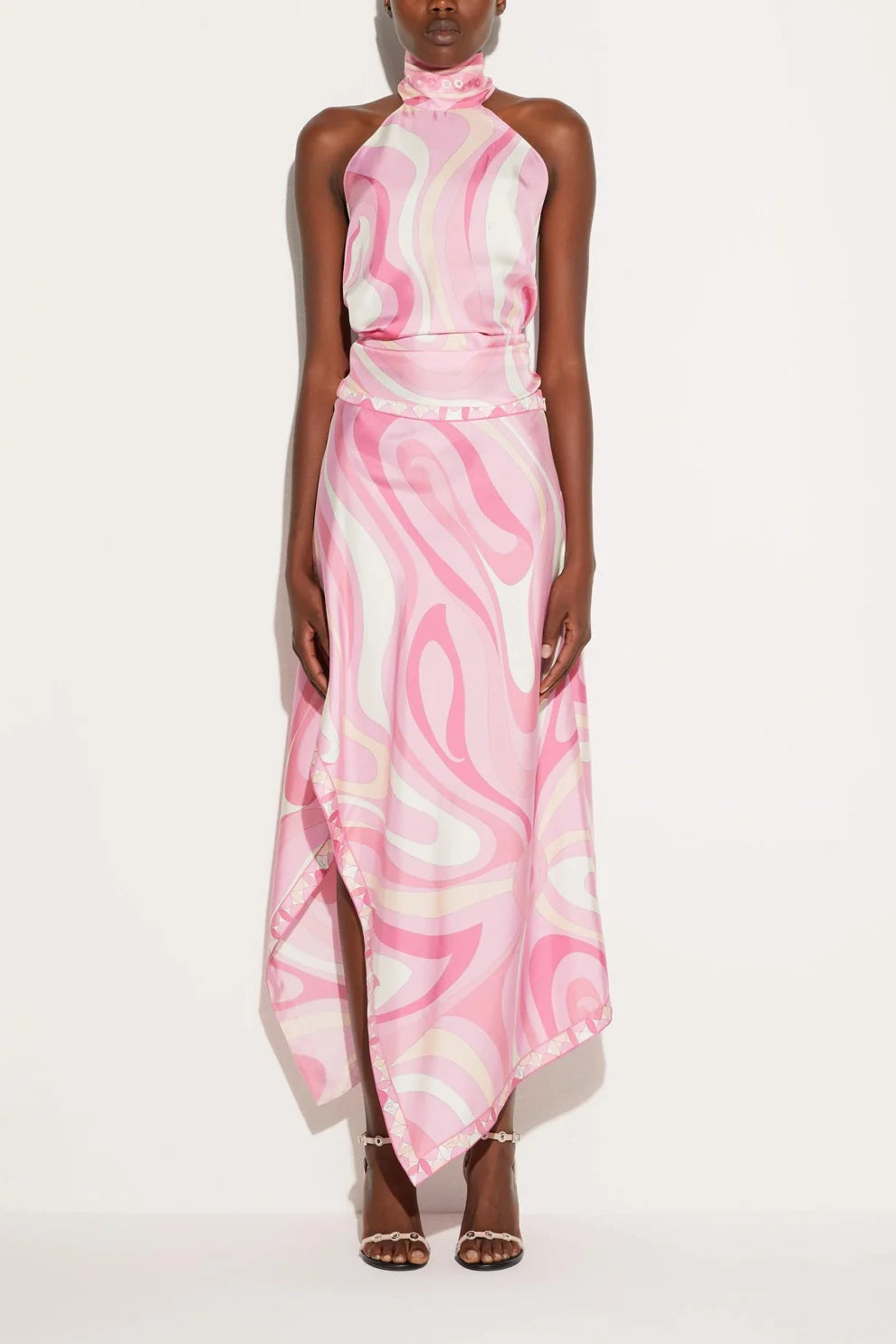 Satin Halter Neck Mini Top & Scarf Print Mid Waist Midi Skirt Set