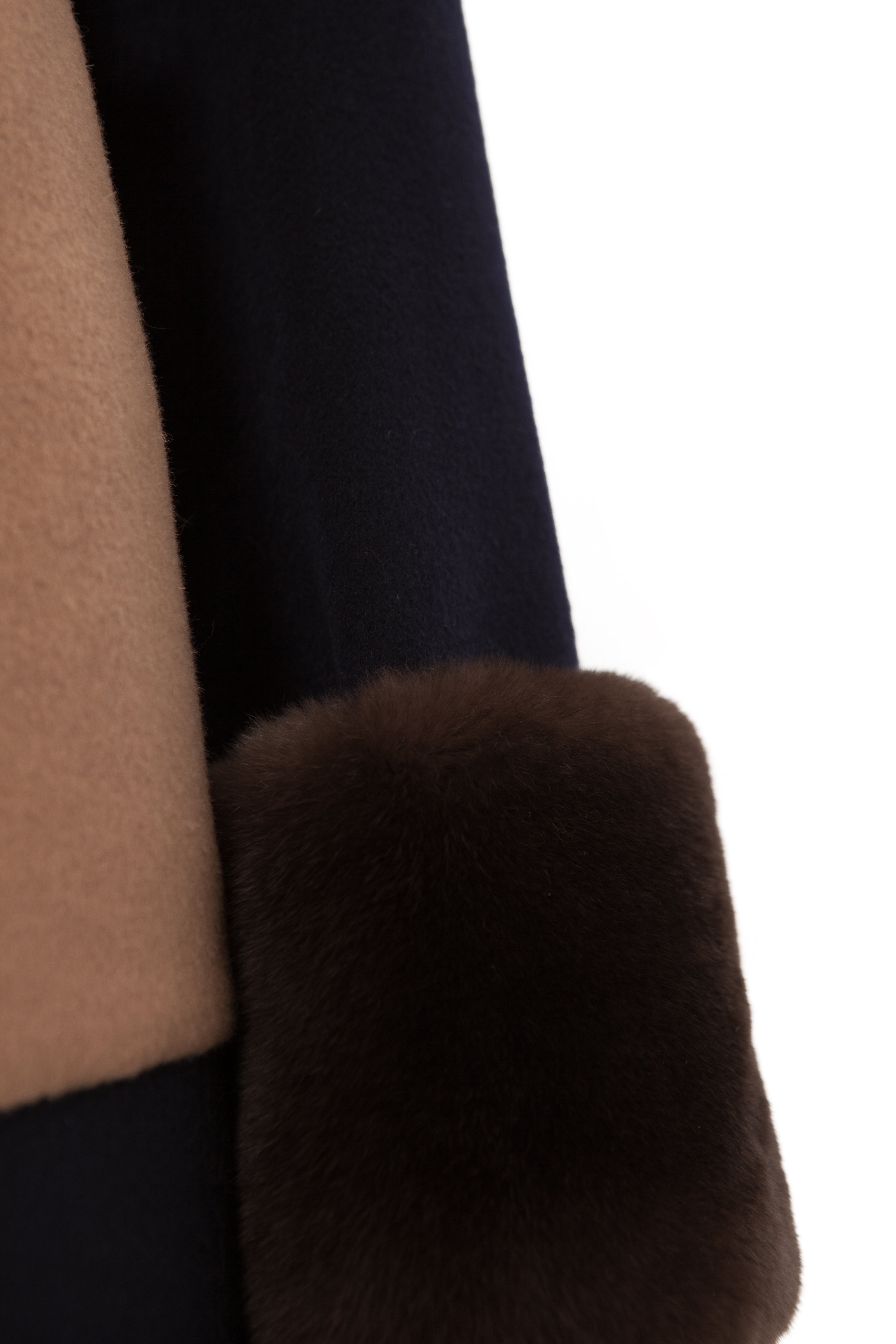 Belted Fur Cuff Coat - Blu Navy/Cammello